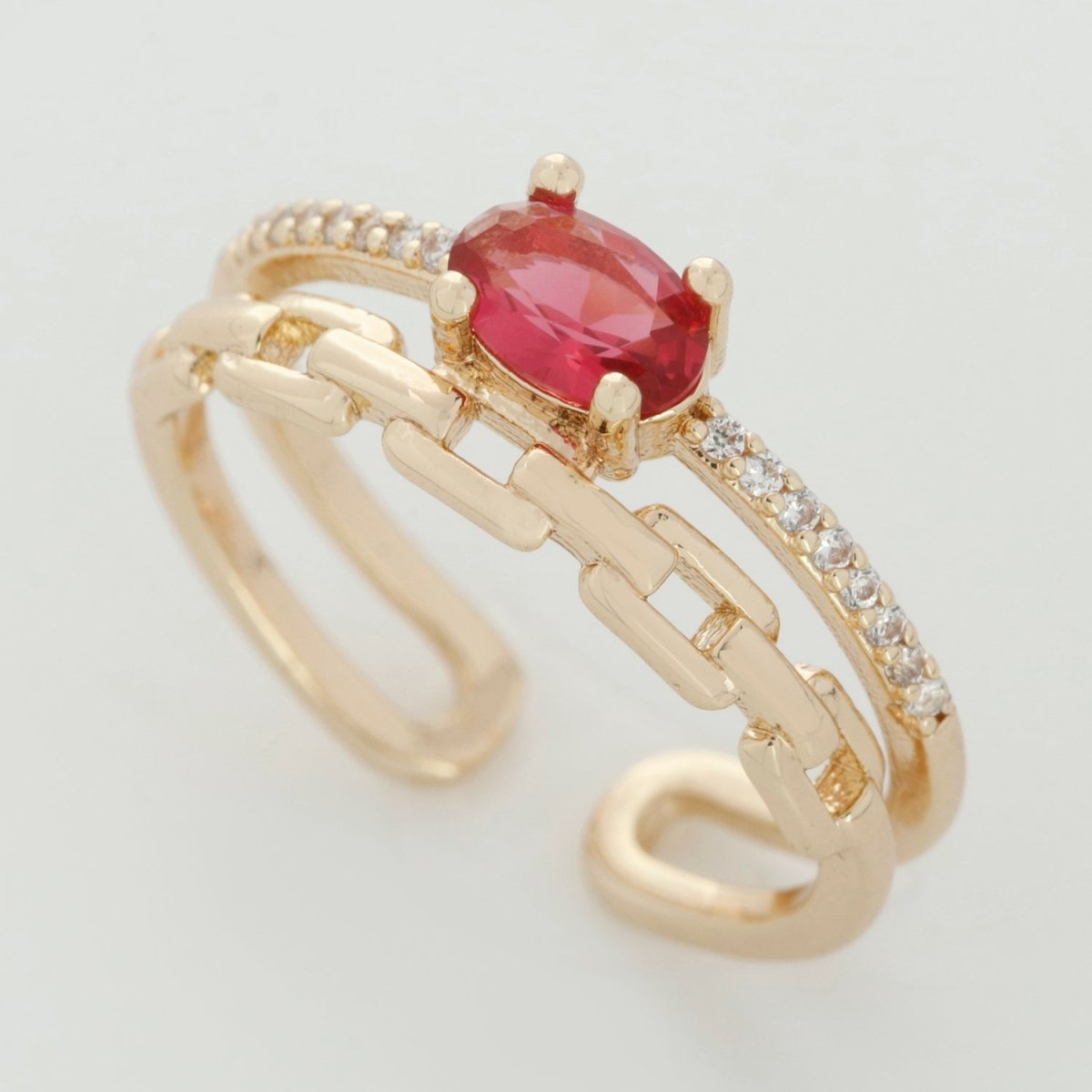 Dainty Double Band ring with Red Cz Stone Micro Pave Gold Ring Open adjustable U-015