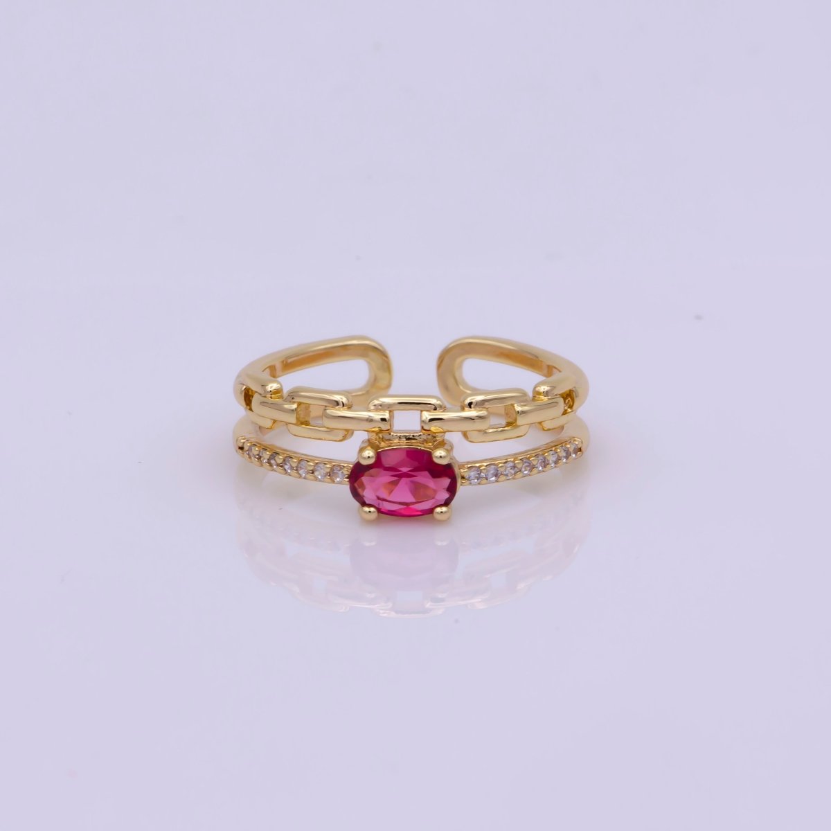 Dainty Double Band ring with Red Cz Stone Micro Pave Gold Ring Open adjustable U-015