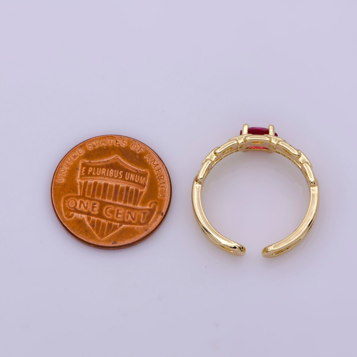 Dainty Double Band ring with Red Cz Stone Micro Pave Gold Ring Open adjustable U-015