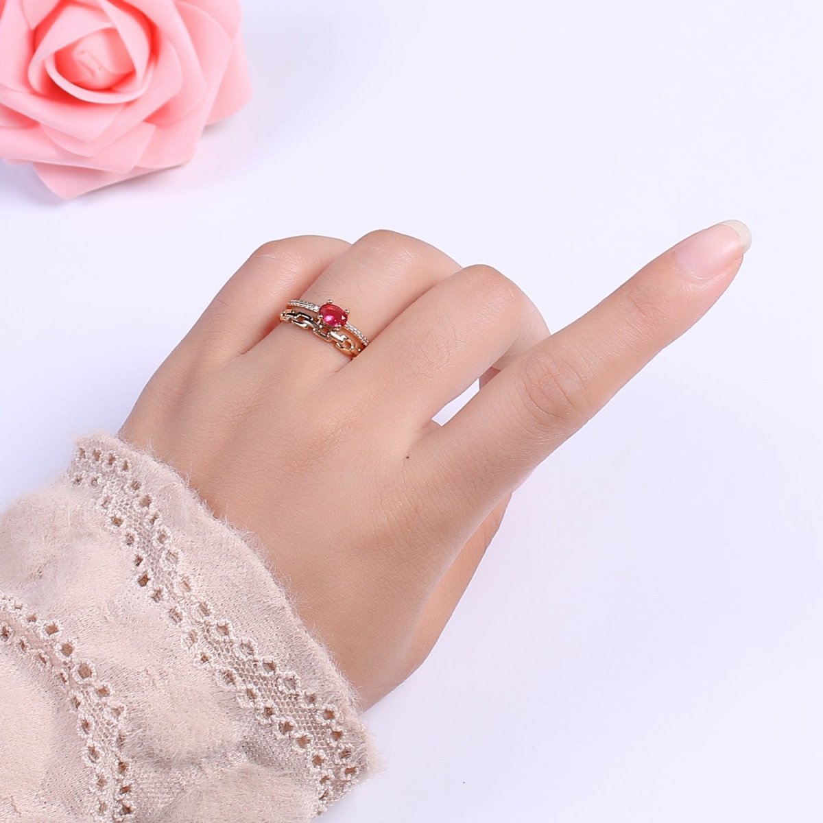 Dainty Double Band ring with Red Cz Stone Micro Pave Gold Ring Open adjustable U-015