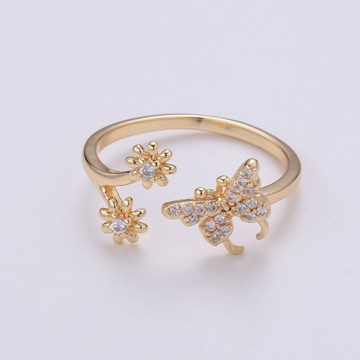 Dainty Elegant Butterfly and Flower 18K Gold Filled Adjustable Ring - R-271 - DLUXCA