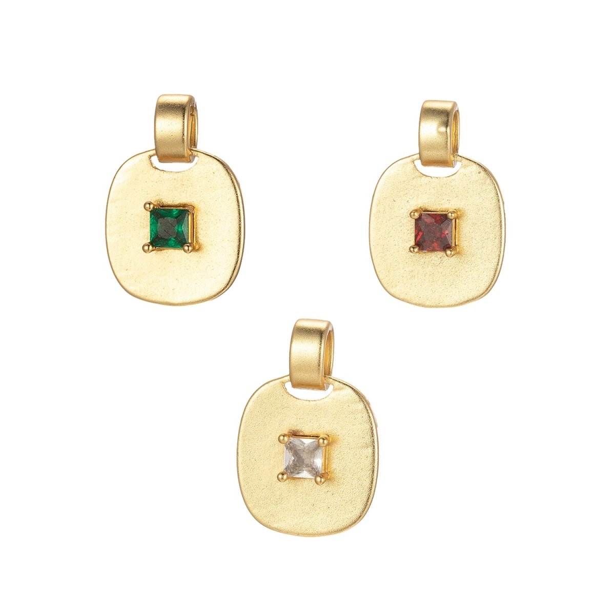 Dainty Emerald Green, Red, Clear CZ Square Gold Medallion Charm Tiny Small Pendant Tag Charm, Bracelet Necklace Earring Finding J-850