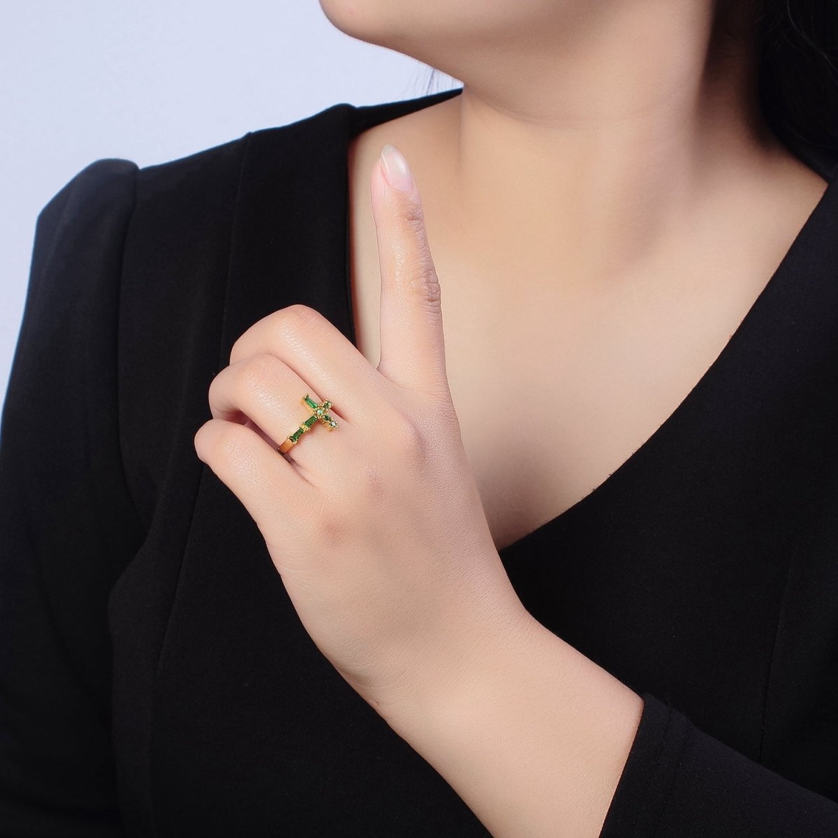 OS Dainty Emerald Green Side Cross Ring Green Cz Stone Ring O-2107