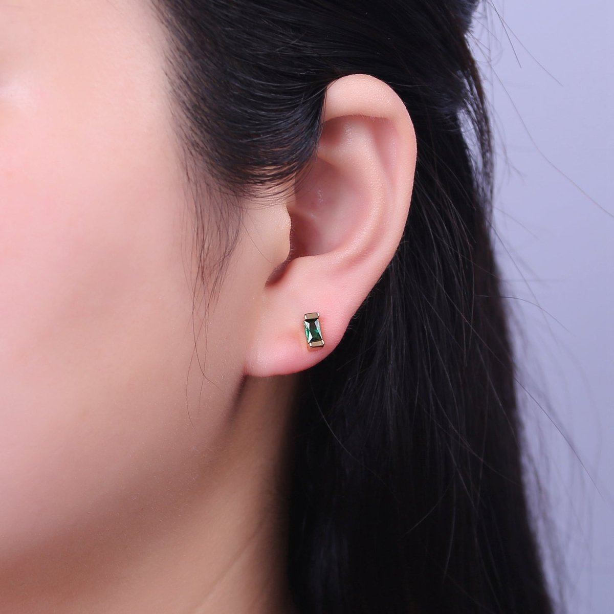 Dainty Emerald Green tiny baguette stud earrings | second hole earrings | tiny rectangle studs | Baguette shaped studs V-160
