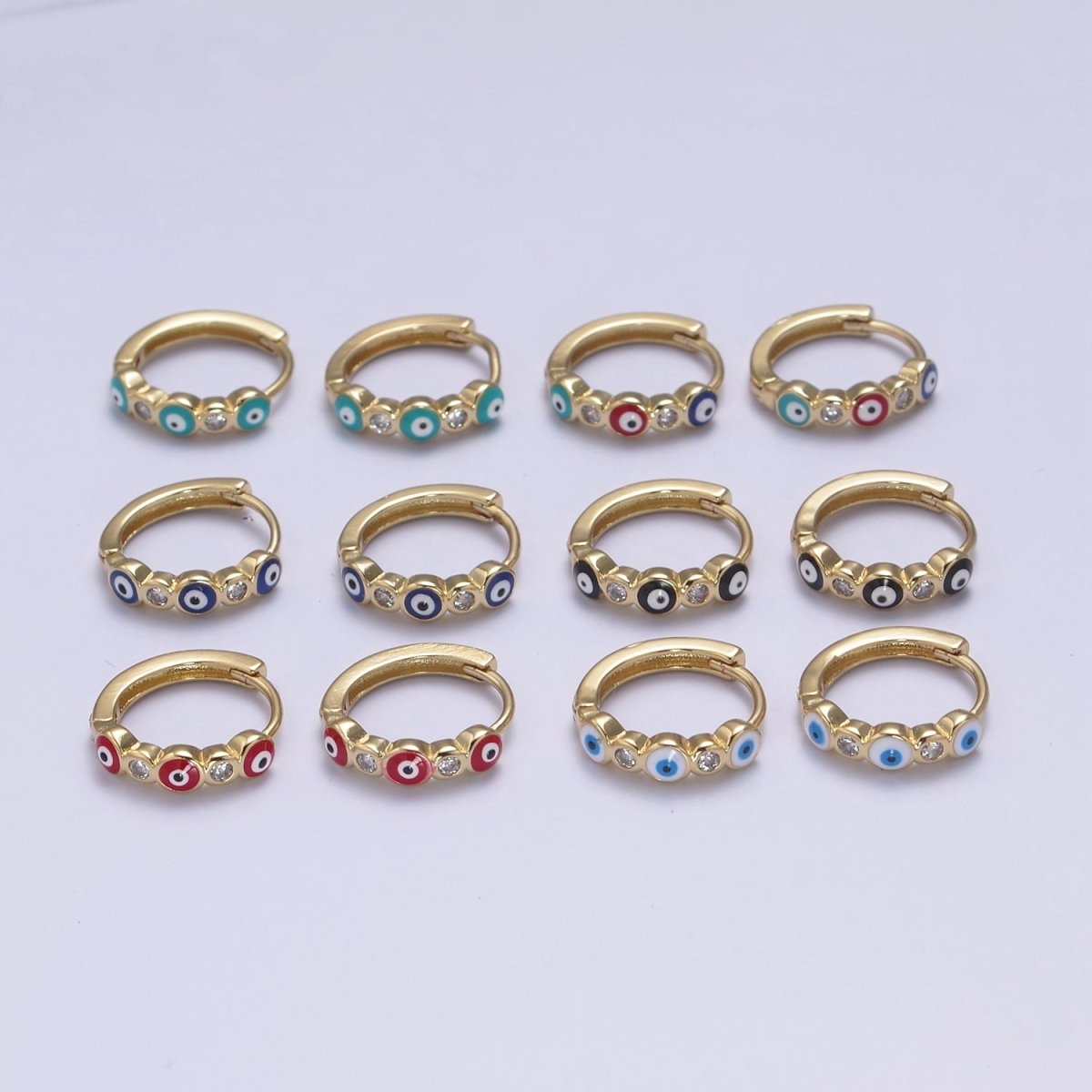 14K Gold Filled 14mm Evil Eye Enamel CZ Huggie Earrings | T309 - T314