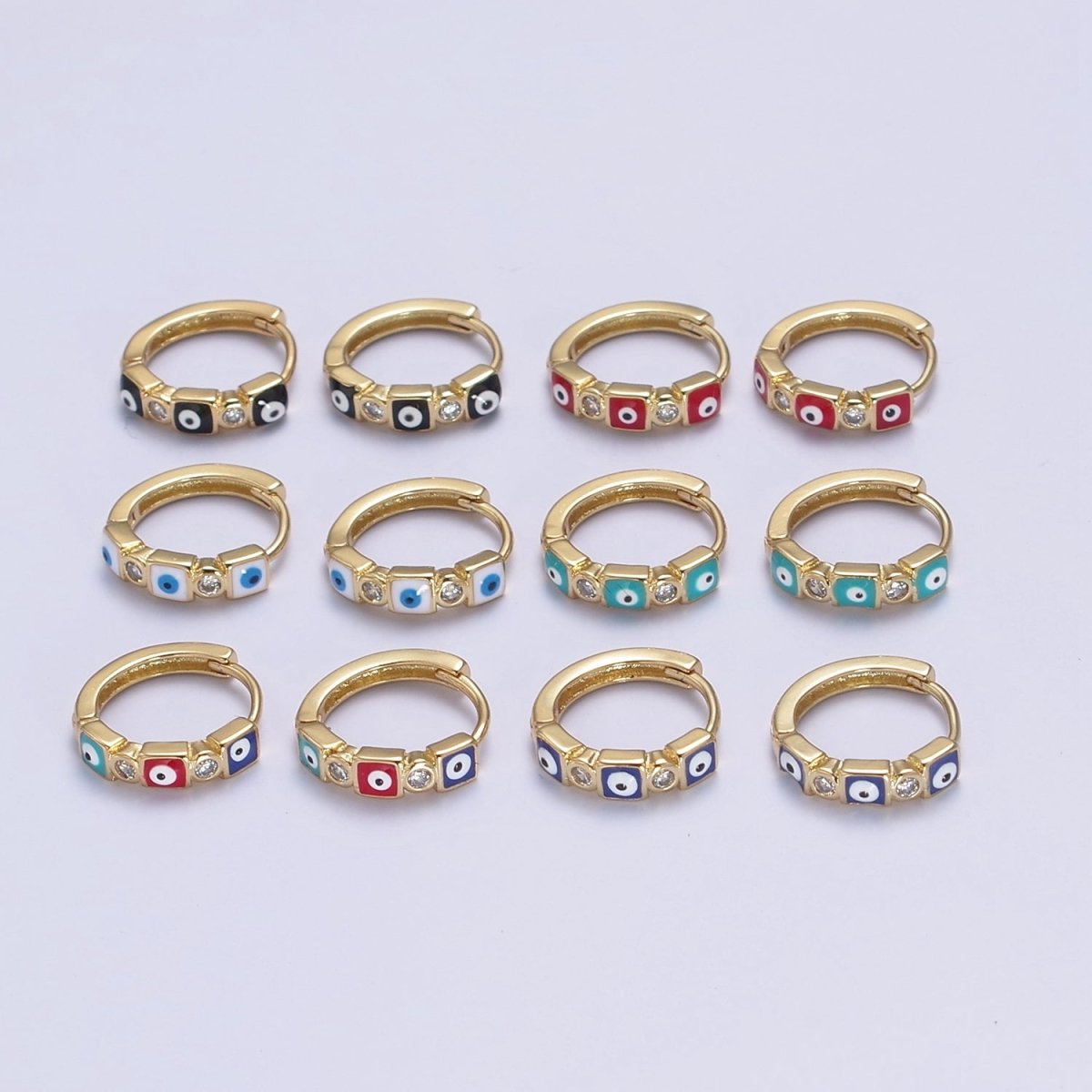 14K Gold Filled 14mm Square Evil Eye Enamel CZ Huggie Earrings | T309 - T314