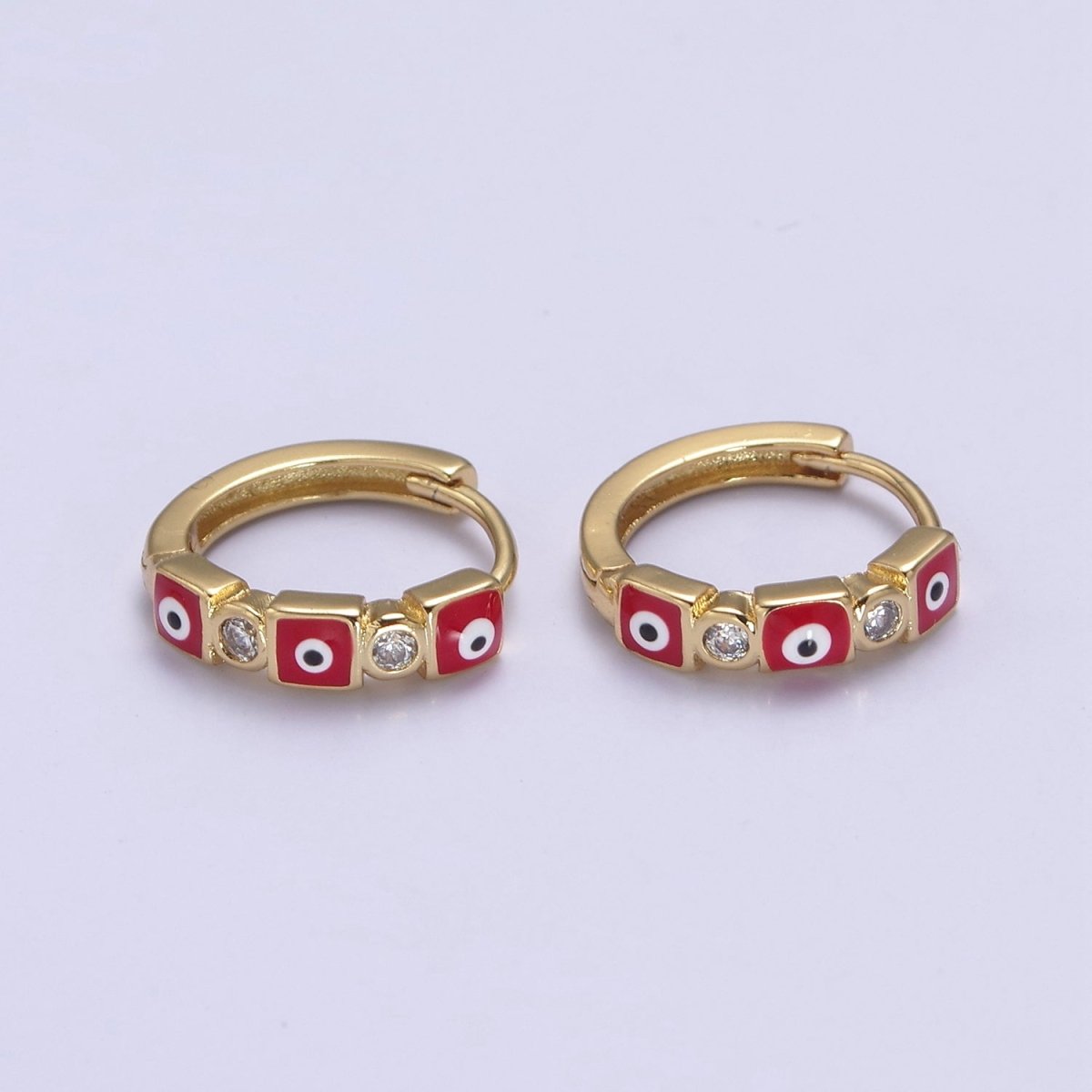 14K Gold Filled 14mm Square Evil Eye Enamel CZ Huggie Earrings | T309 - T314