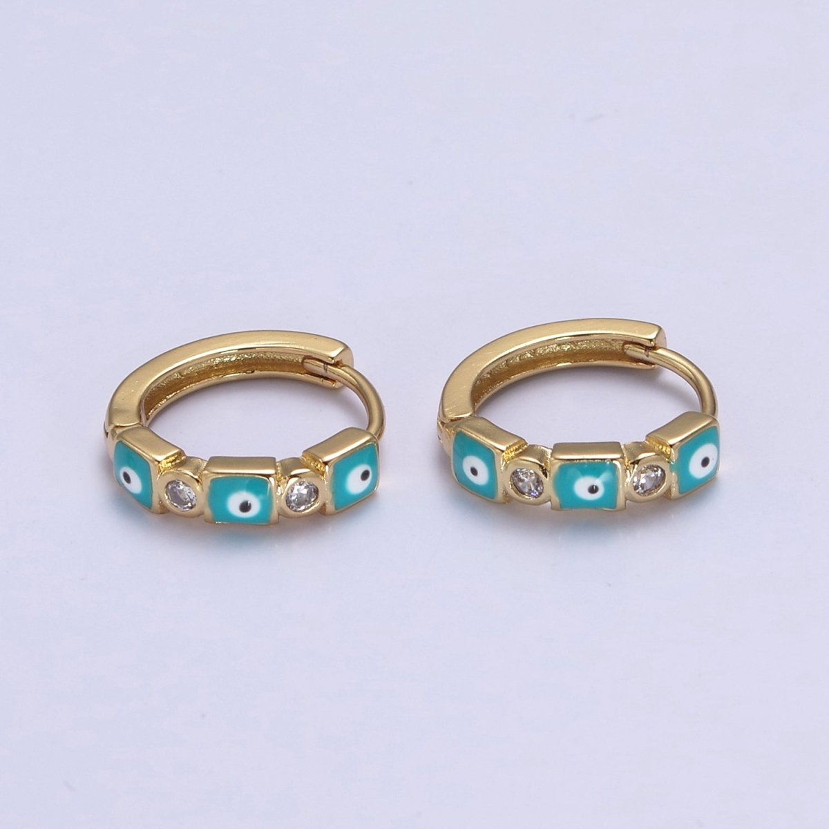 14K Gold Filled 14mm Square Evil Eye Enamel CZ Huggie Earrings | T309 - T314