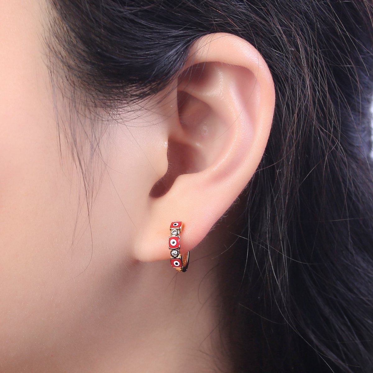 14K Gold Filled 14mm Square Evil Eye Enamel CZ Huggie Earrings | T309 - T314