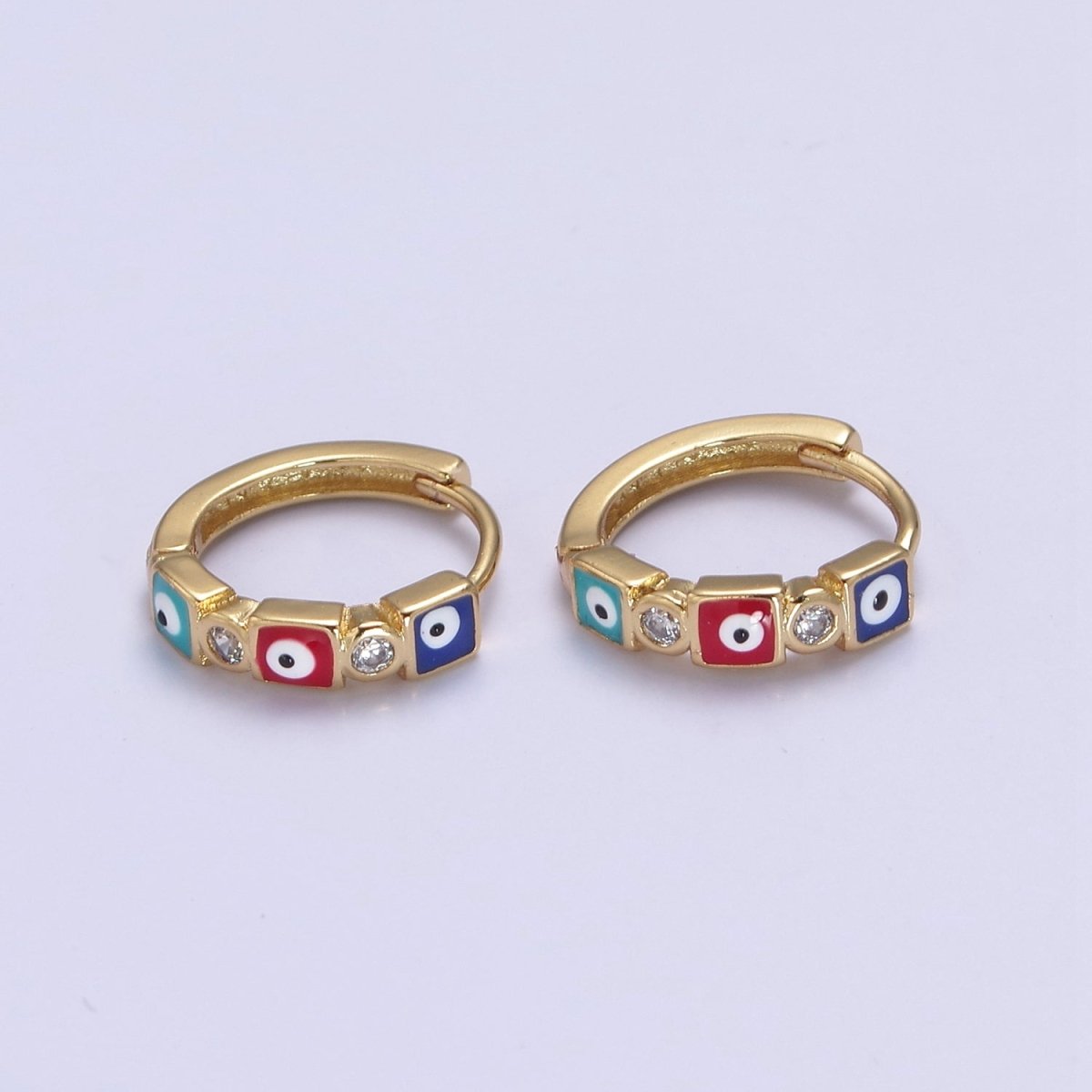14K Gold Filled 14mm Square Evil Eye Enamel CZ Huggie Earrings | T309 - T314