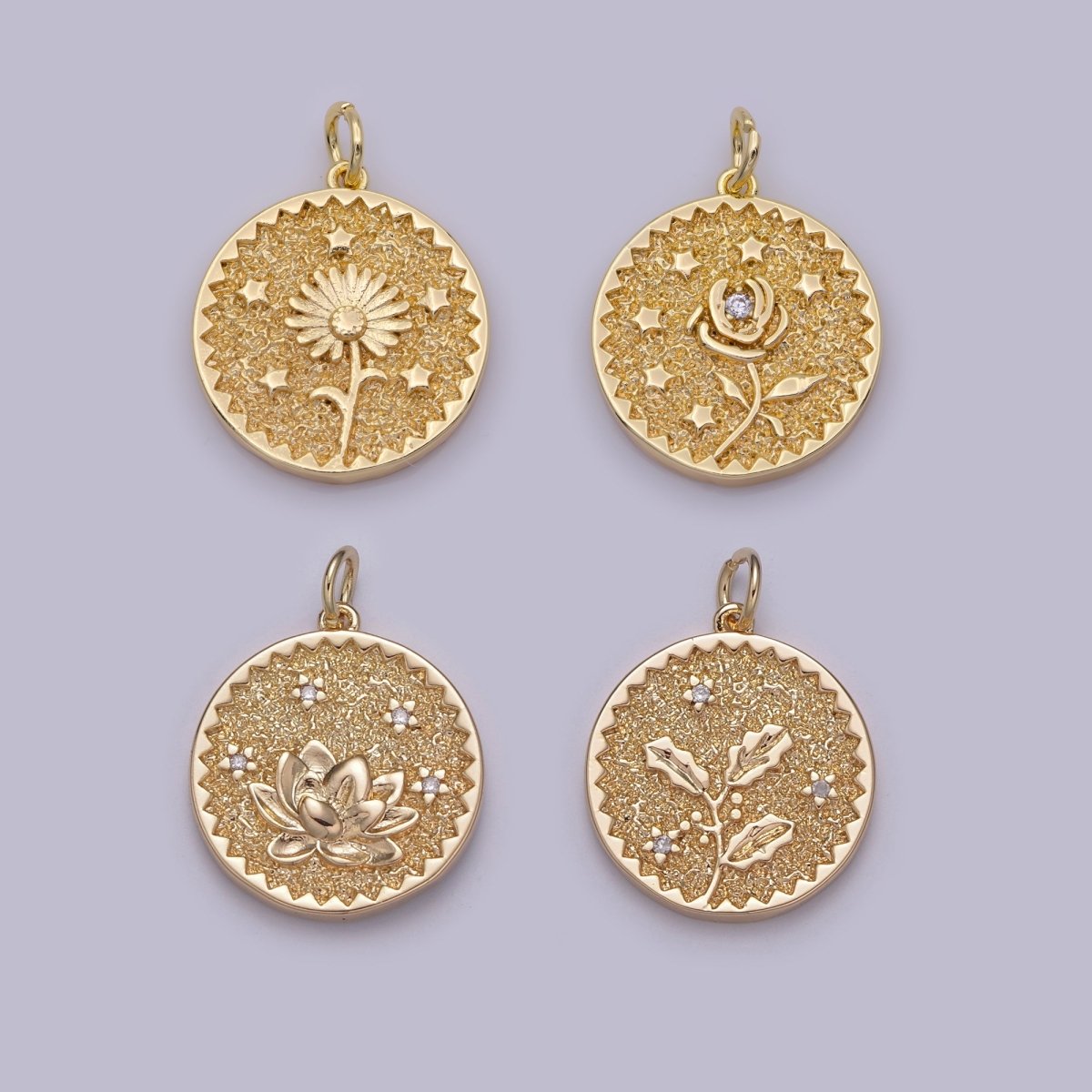 Dainty Floral Collection Sun Flower, Rose, Holly Flower, Cherry Blossom, Lotus Charm 18K Gold Filled Medallion N-189 N-190 N-191 N-192 N-201