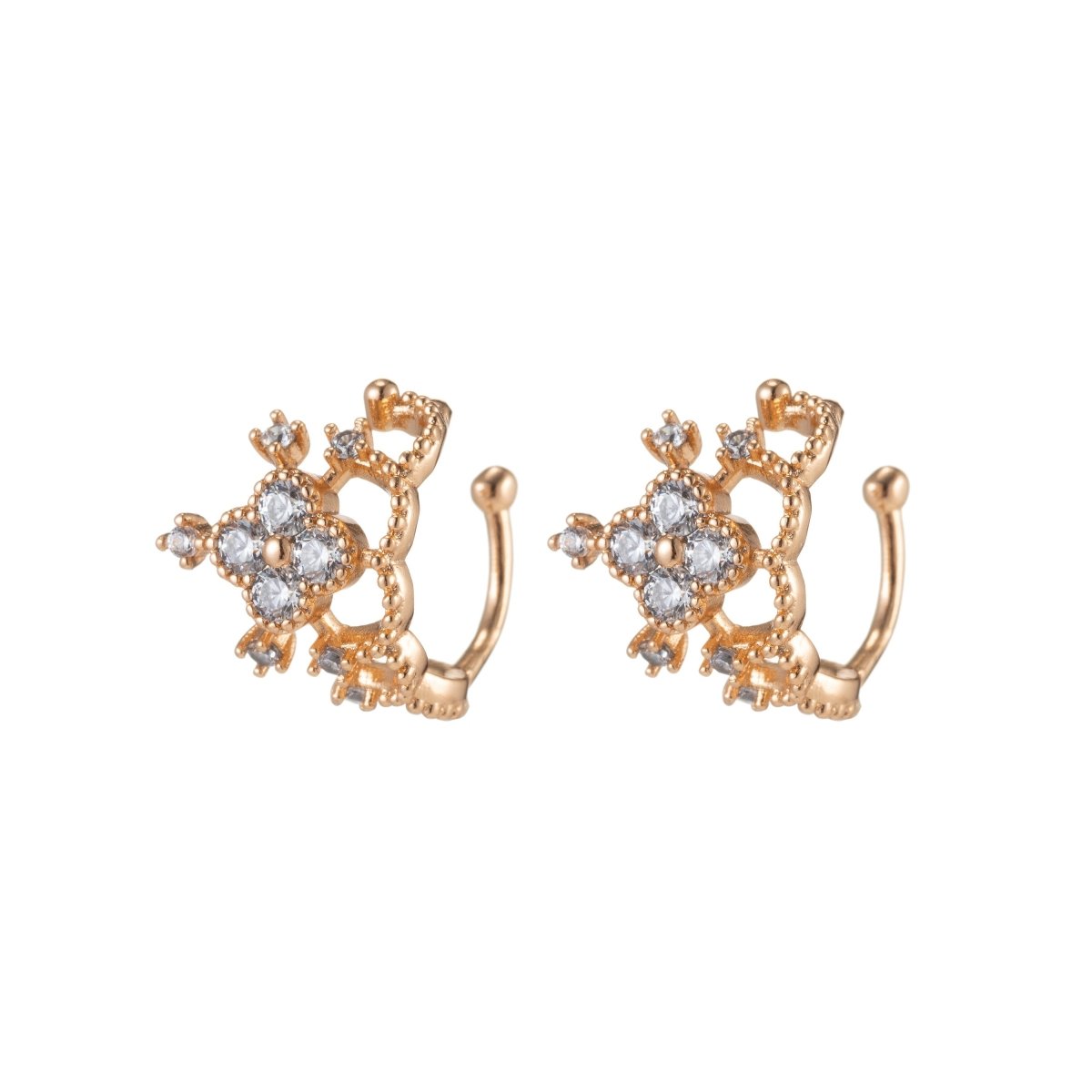 Dainty Floral Gold Ear Cuff, No Pierced, Conch Cuff with micro Pave CZ Crystal AI-033 - DLUXCA