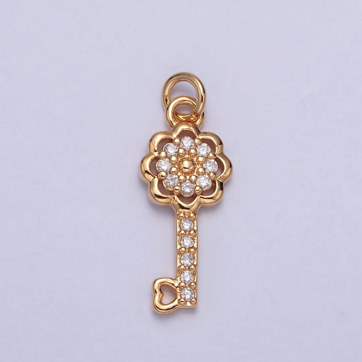 Dainty Flower Heart Key Micro Paved CZ Gold Charm Jewelry Component | X-247 - DLUXCA