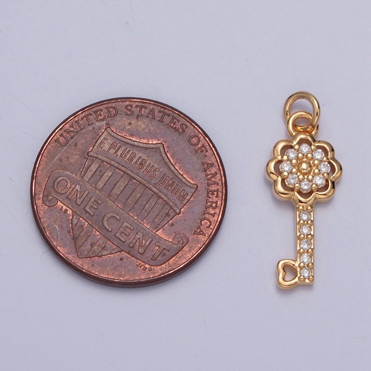 Dainty Flower Heart Key Micro Paved CZ Gold Charm Jewelry Component | X-247 - DLUXCA