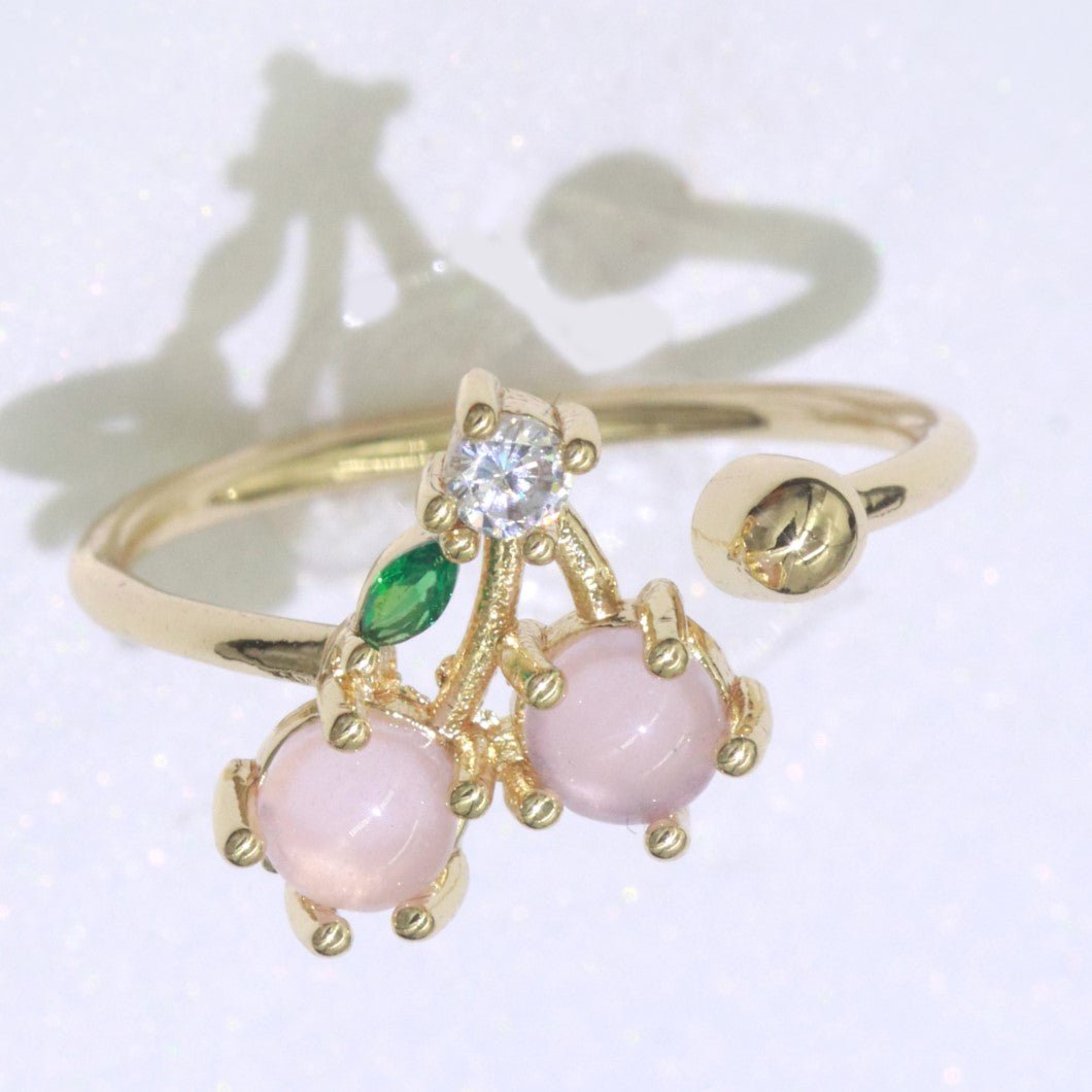 Dainty Fruit ring, Gold Mini Fruit Ring, Dainty Stackable Rings, Open Adjustable Ring Crystal Tropical Fruits, Pink Cherry Ring O-450