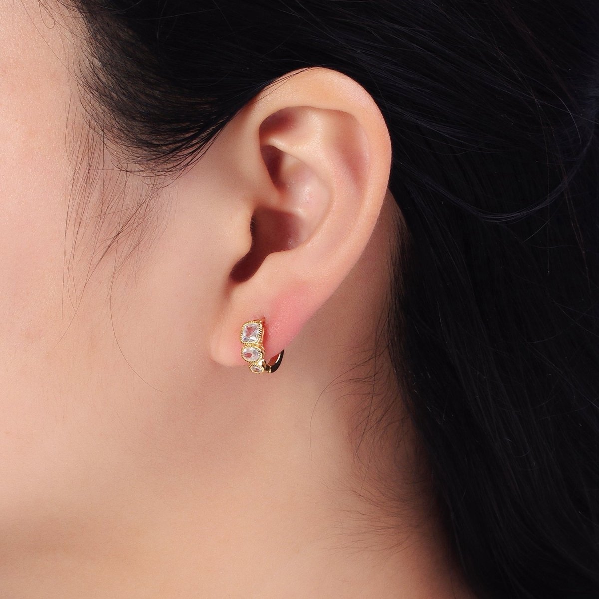 Dainty Geometric Cubic Stone Huggie Earring Square Oval Round CZ Hoop Earring AB755 AB756