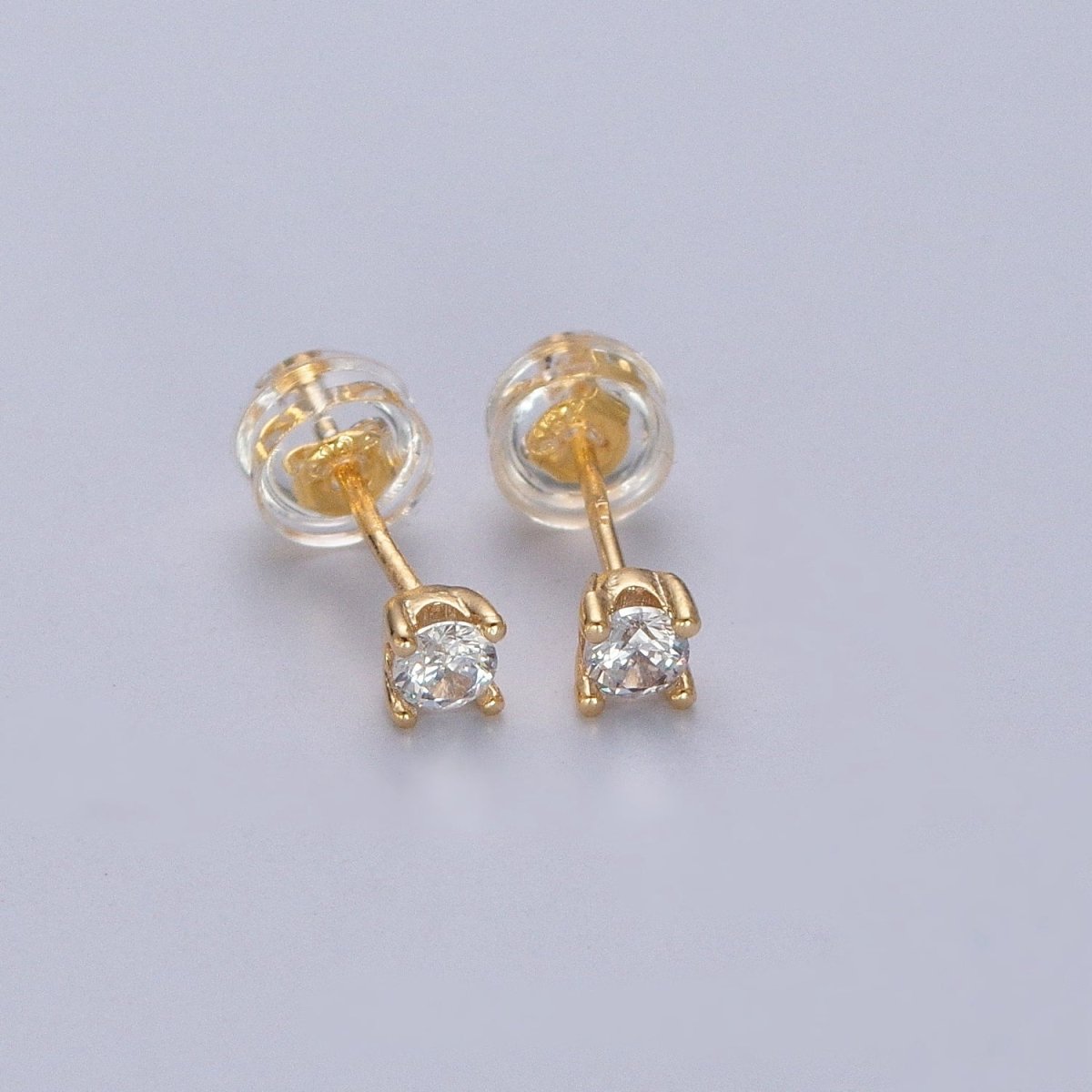 Dainty Gold 3mm, 4mm, 4.4mm Round Clear Cubic Zirconia CZ Stud Earrings P-432 P-433 P-434