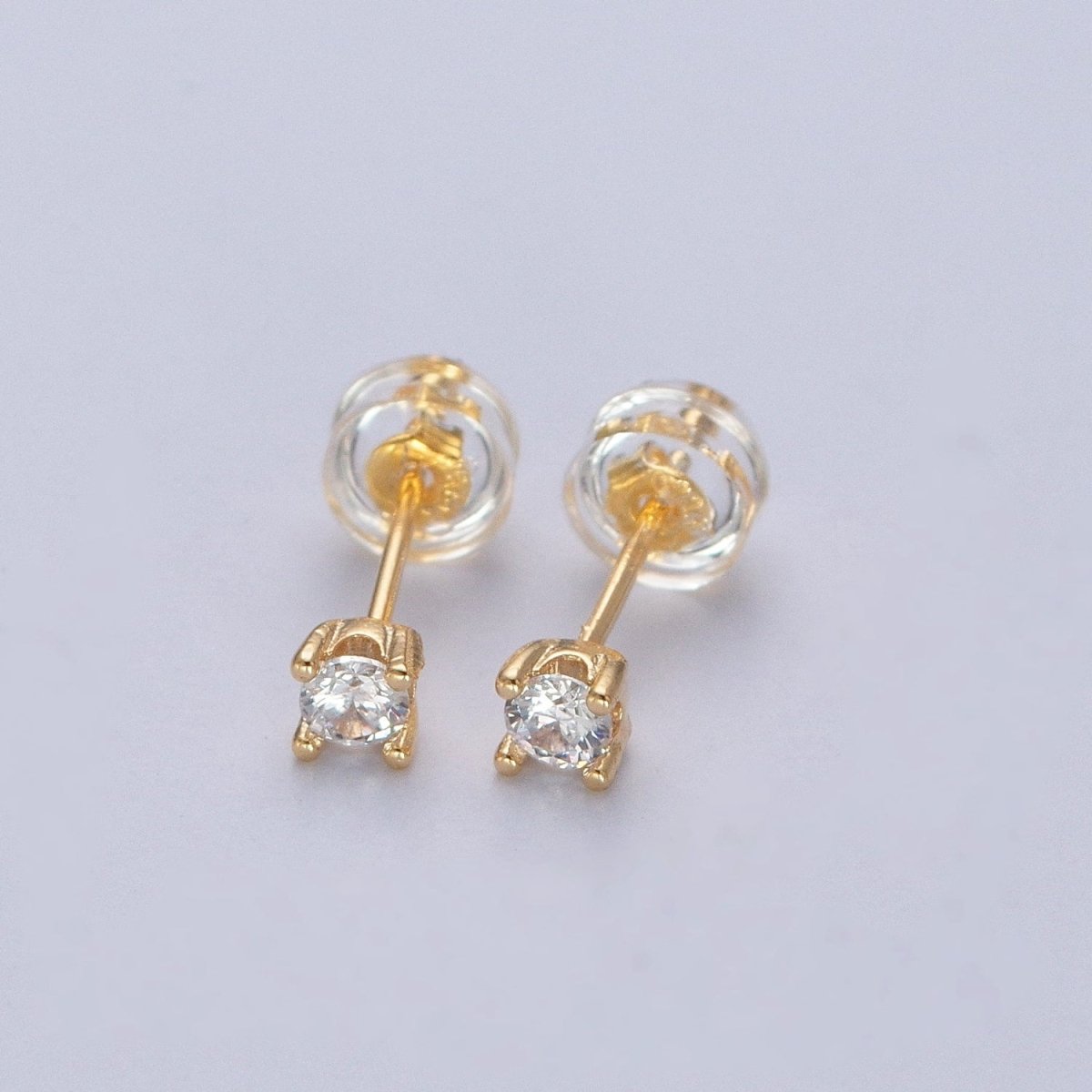 Dainty Gold 3mm, 4mm, 4.4mm Round Clear Cubic Zirconia CZ Stud Earrings P-432 P-433 P-434