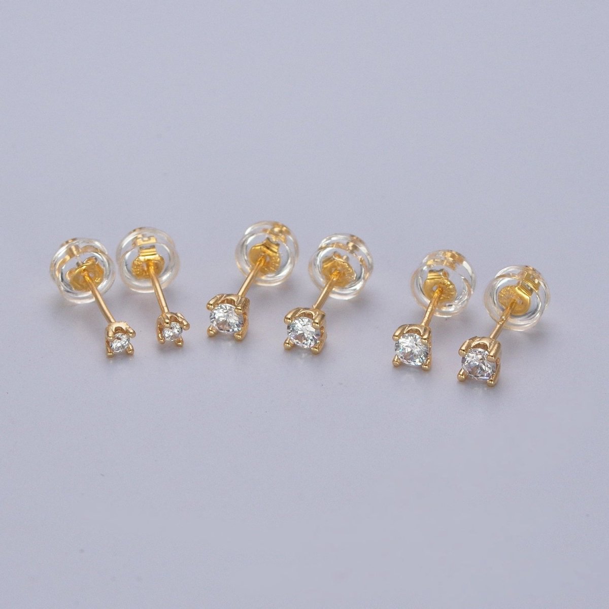 Dainty Gold 3mm, 4mm, 4.4mm Round Clear Cubic Zirconia CZ Stud Earrings P-432 P-433 P-434