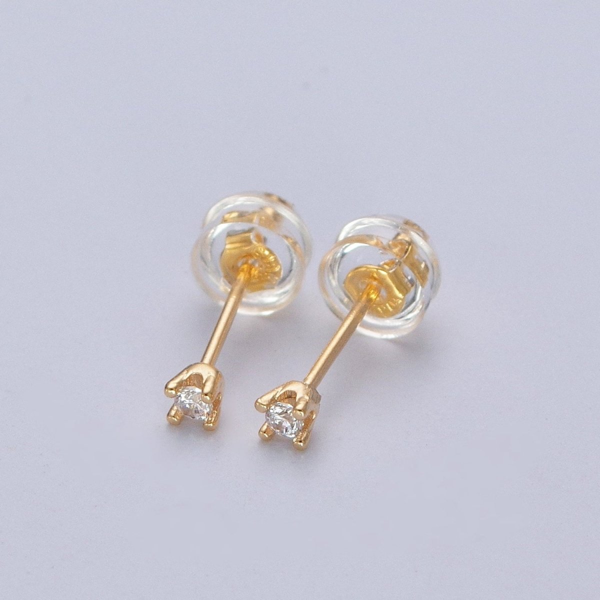 Dainty Gold 3mm, 4mm, 4.4mm Round Clear Cubic Zirconia CZ Stud Earrings P-432 P-433 P-434