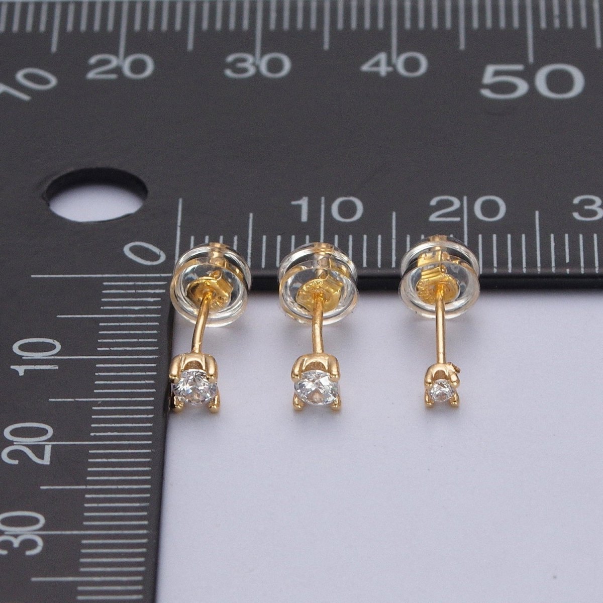 Dainty Gold 3mm, 4mm, 4.4mm Round Clear Cubic Zirconia CZ Stud Earrings P-432 P-433 P-434