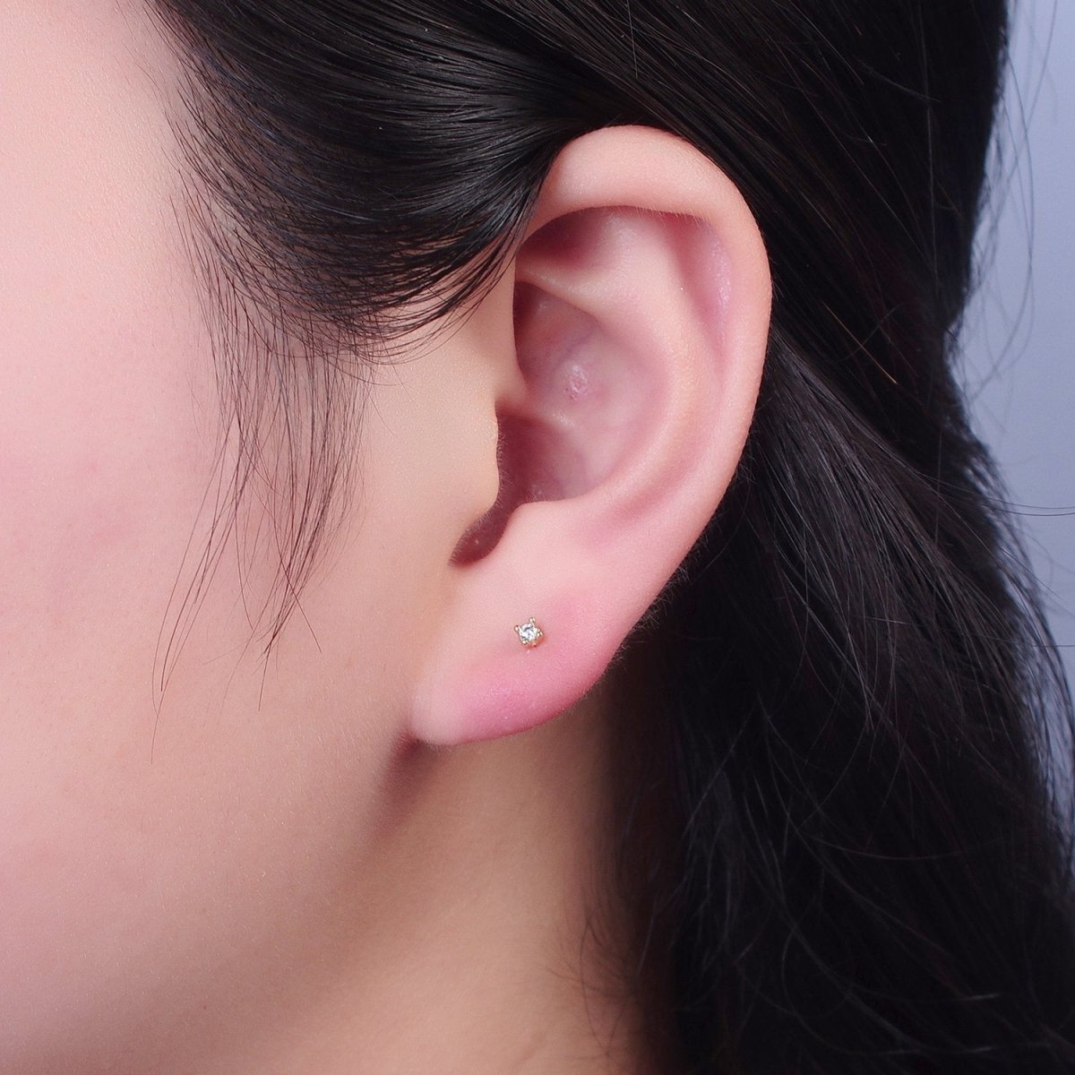 Dainty Gold 3mm, 4mm, 4.4mm Round Clear Cubic Zirconia CZ Stud Earrings P-432 P-433 P-434