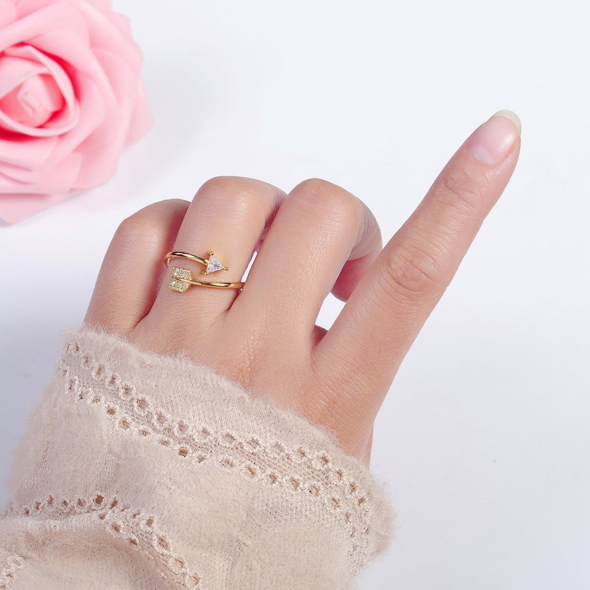 Dainty Gold Arrow Ring Wrap Ring, Adjustable Arrow Open ring, Sideways Arrow ring open with CZ O-2137 - DLUXCA