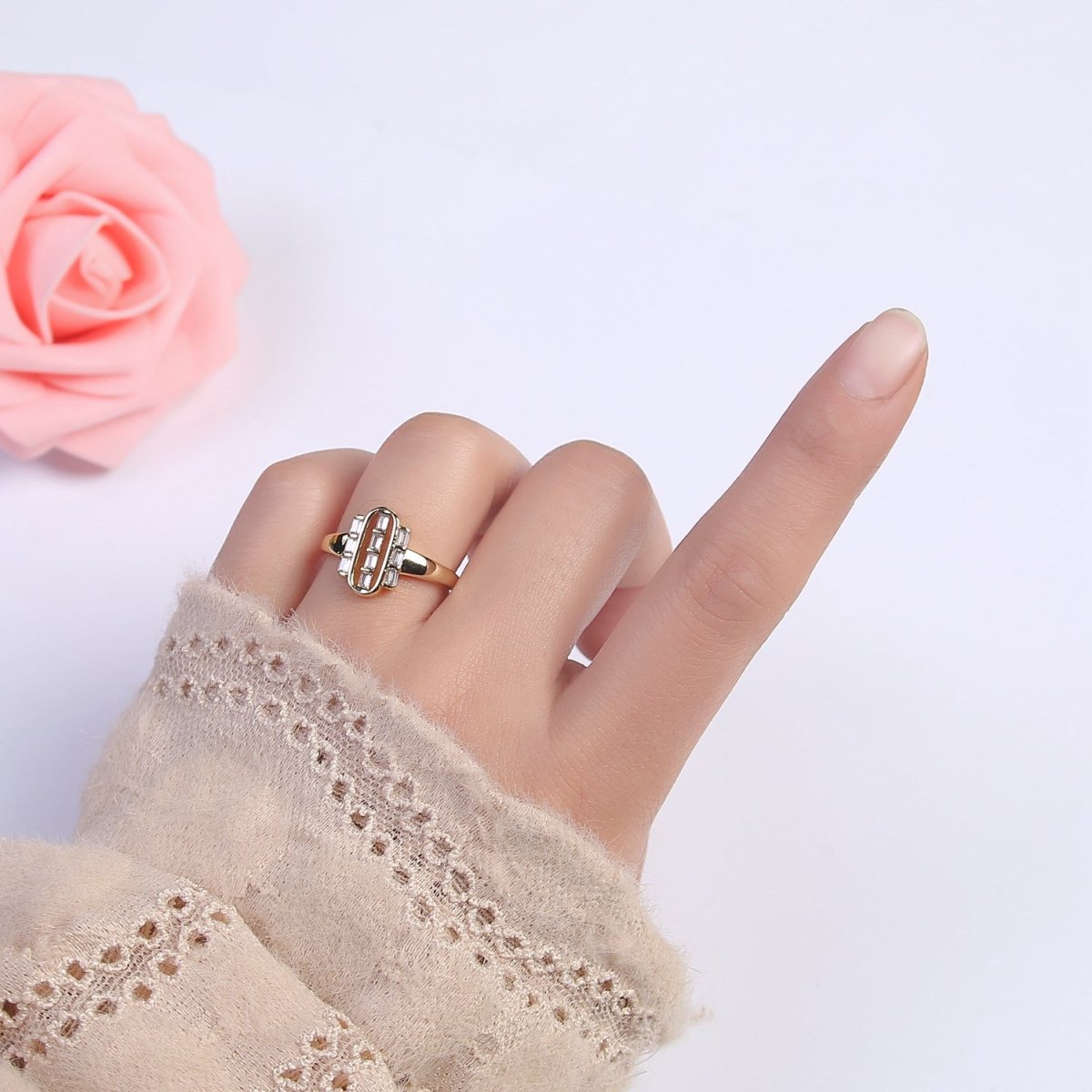 Dainty Gold Baguette Ring for Stackable Jewelry Green / Clear Cz Pill Ring U-472 U-473