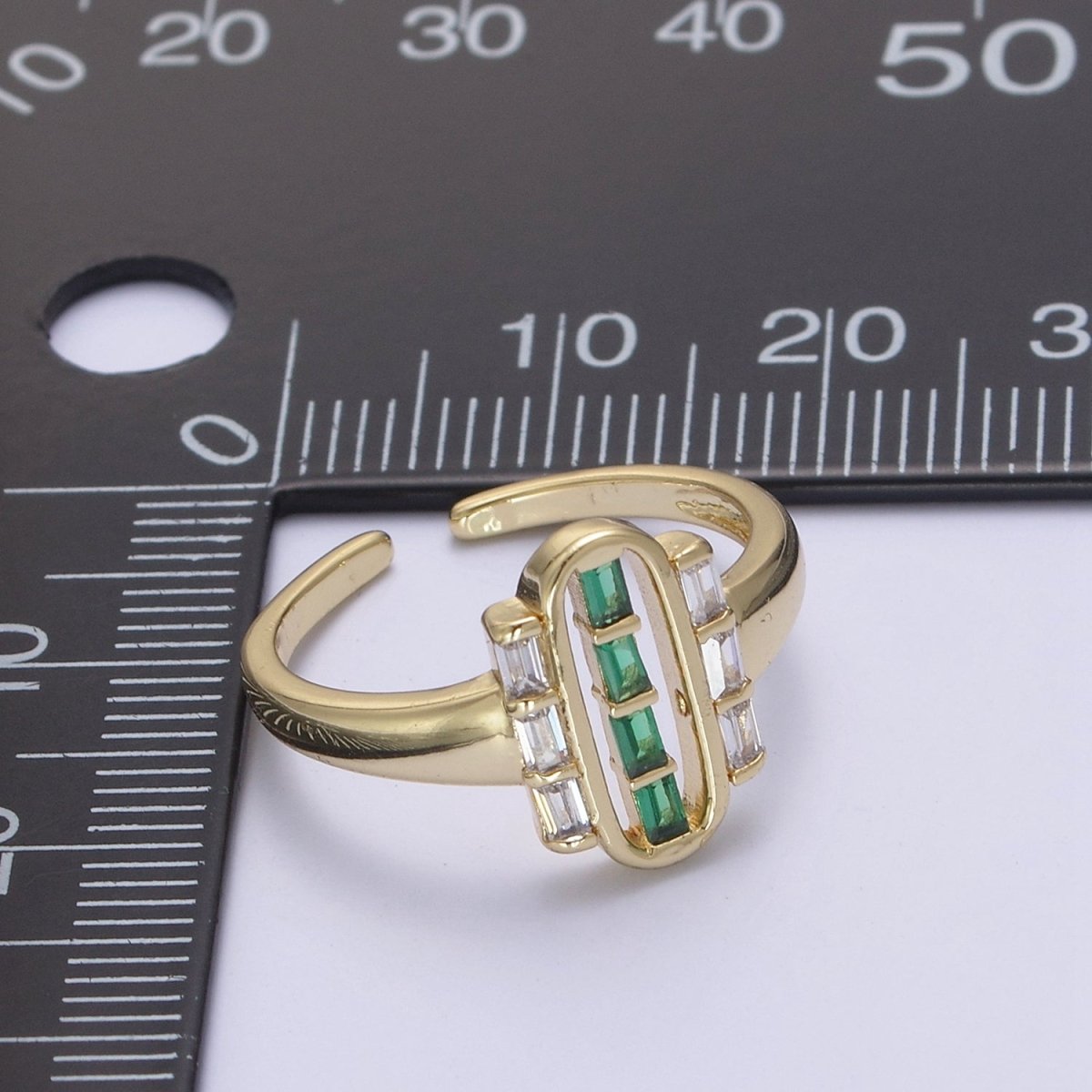 Dainty Gold Baguette Ring for Stackable Jewelry Green / Clear Cz Pill Ring U-472 U-473