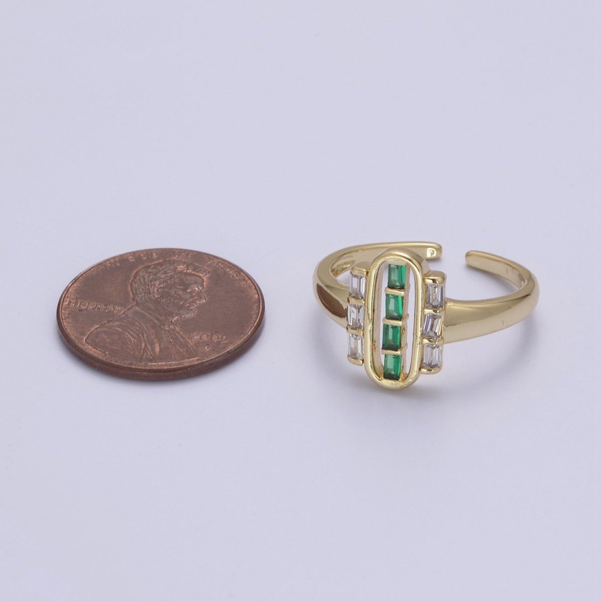 Dainty Gold Baguette Ring for Stackable Jewelry Green / Clear Cz Pill Ring U-472 U-473