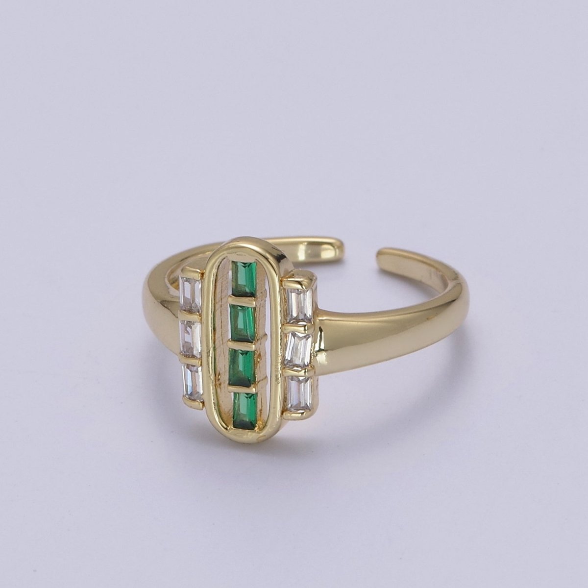 Dainty Gold Baguette Ring for Stackable Jewelry Green / Clear Cz Pill Ring U-472 U-473