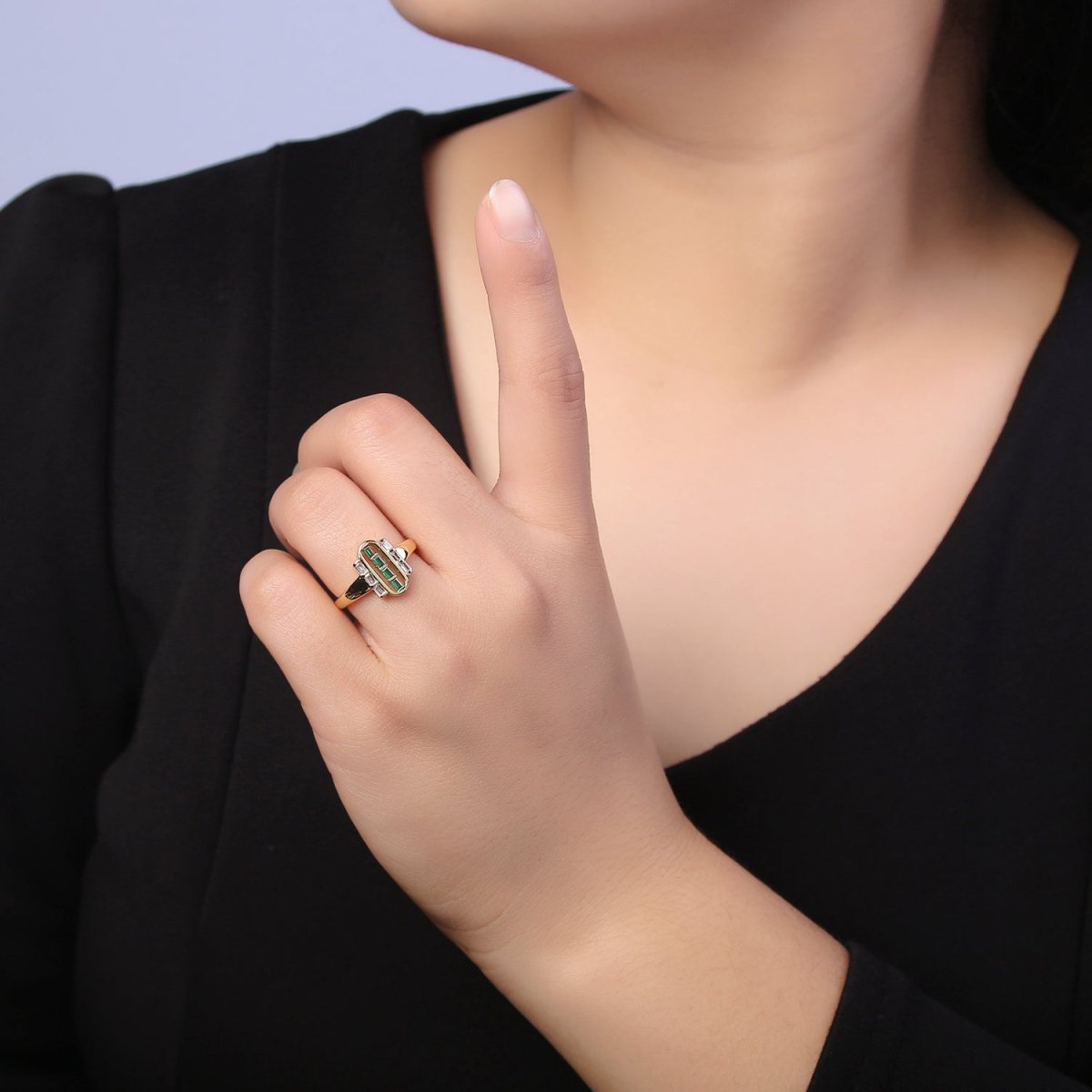 Dainty Gold Baguette Ring for Stackable Jewelry Green / Clear Cz Pill Ring U-472 U-473