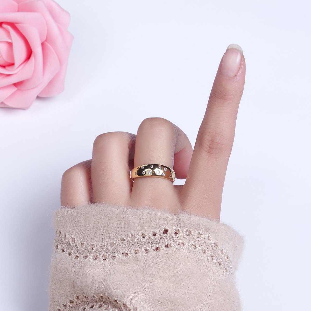 Dainty Gold Bubble Round CZ Band Ring for Minimalist Jewelry R-092 - DLUXCA