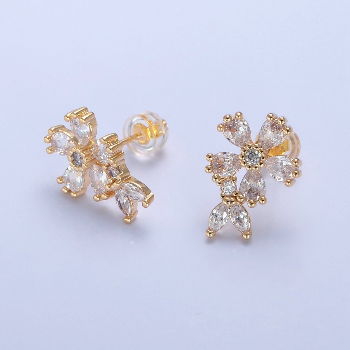 Dainty Gold Clear Cz Flower Stud Earring T-459 - DLUXCA