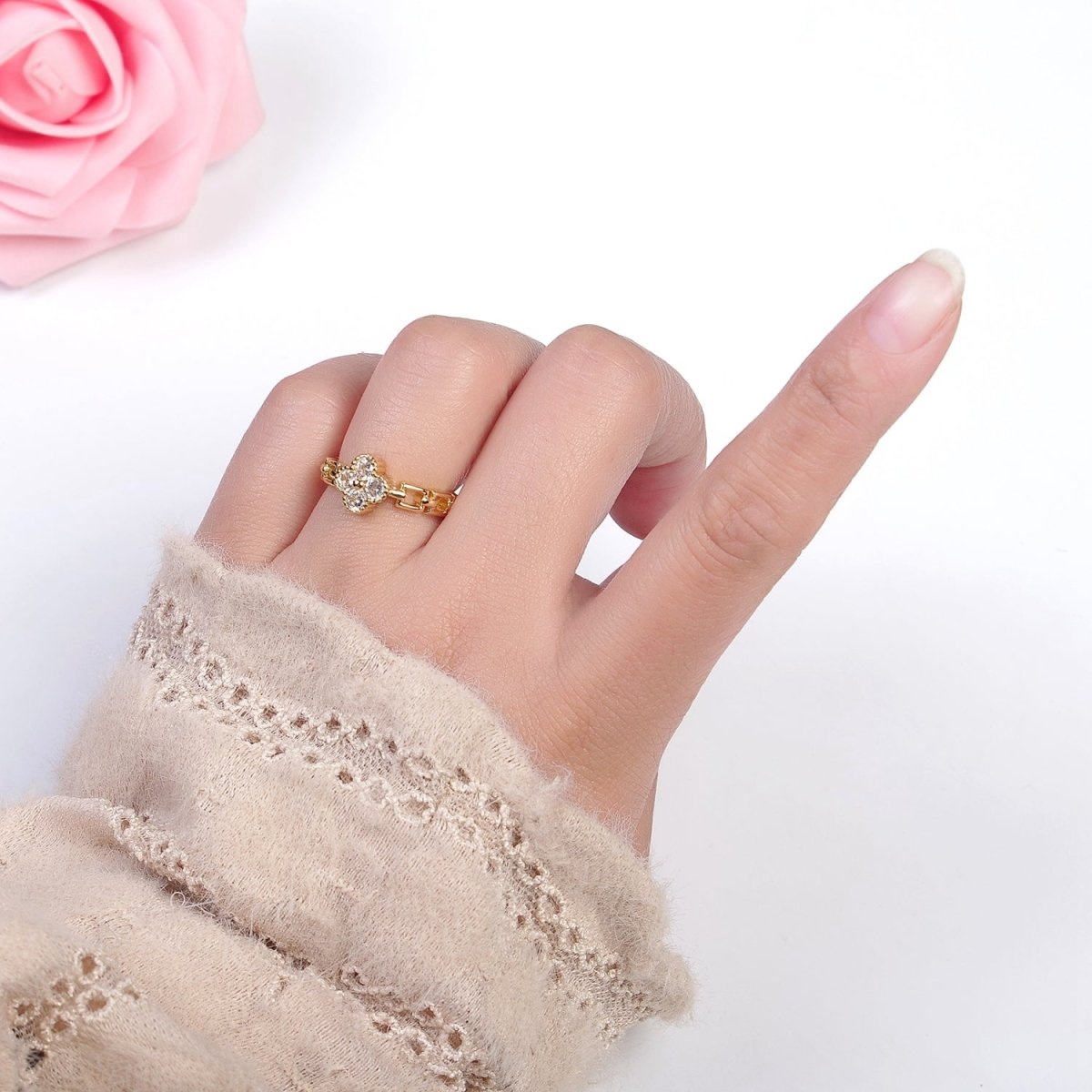 Dainty Gold Clover Ring Clear Orange Cz Stone for Lucky Jewelry O-2113 O-2114