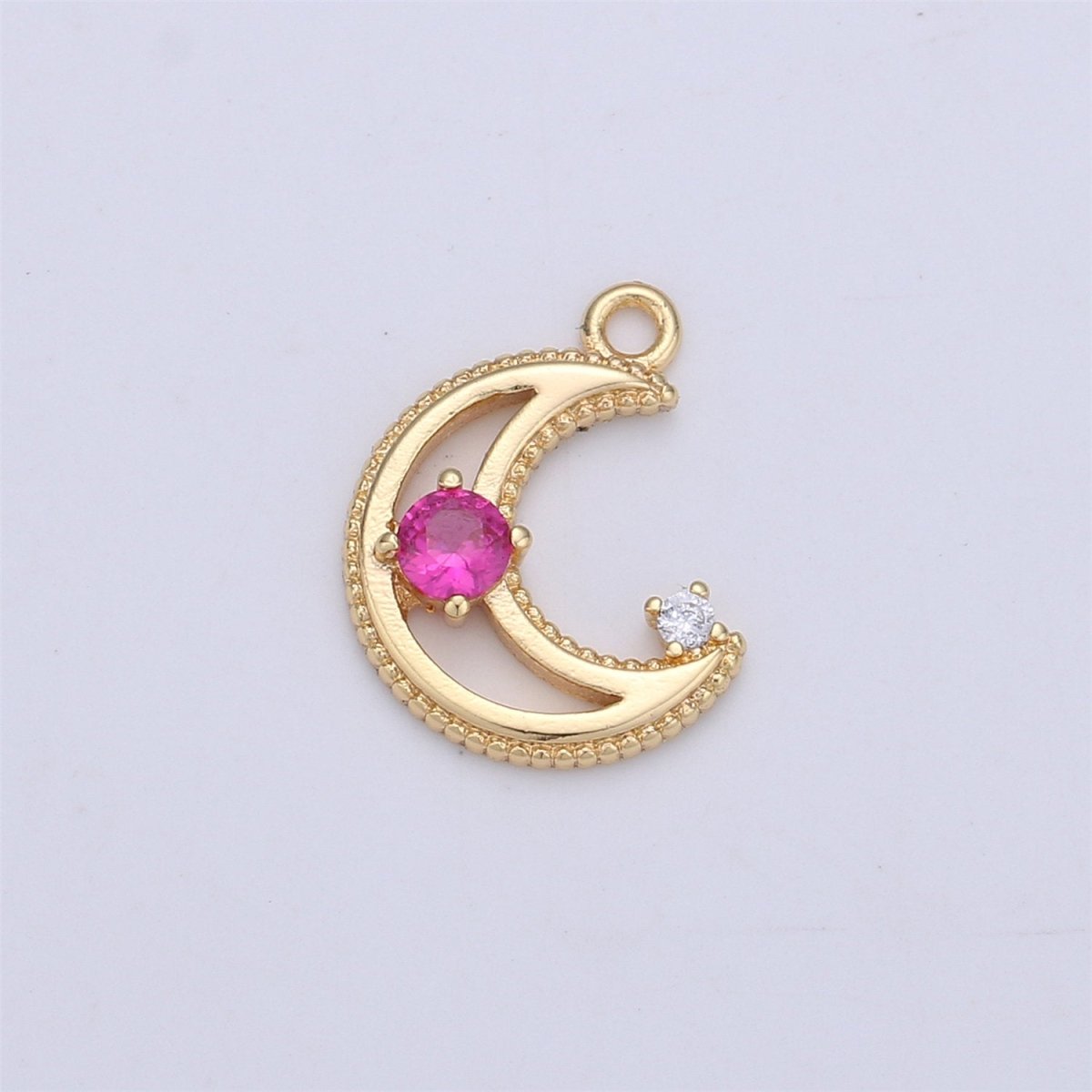 Dainty Gold CZ Crescent Moon Cubic Zirconia with Pink Blue Clear Teal CZ 14k Gold Filled Pave Charm Celestial Unique Charm I-332