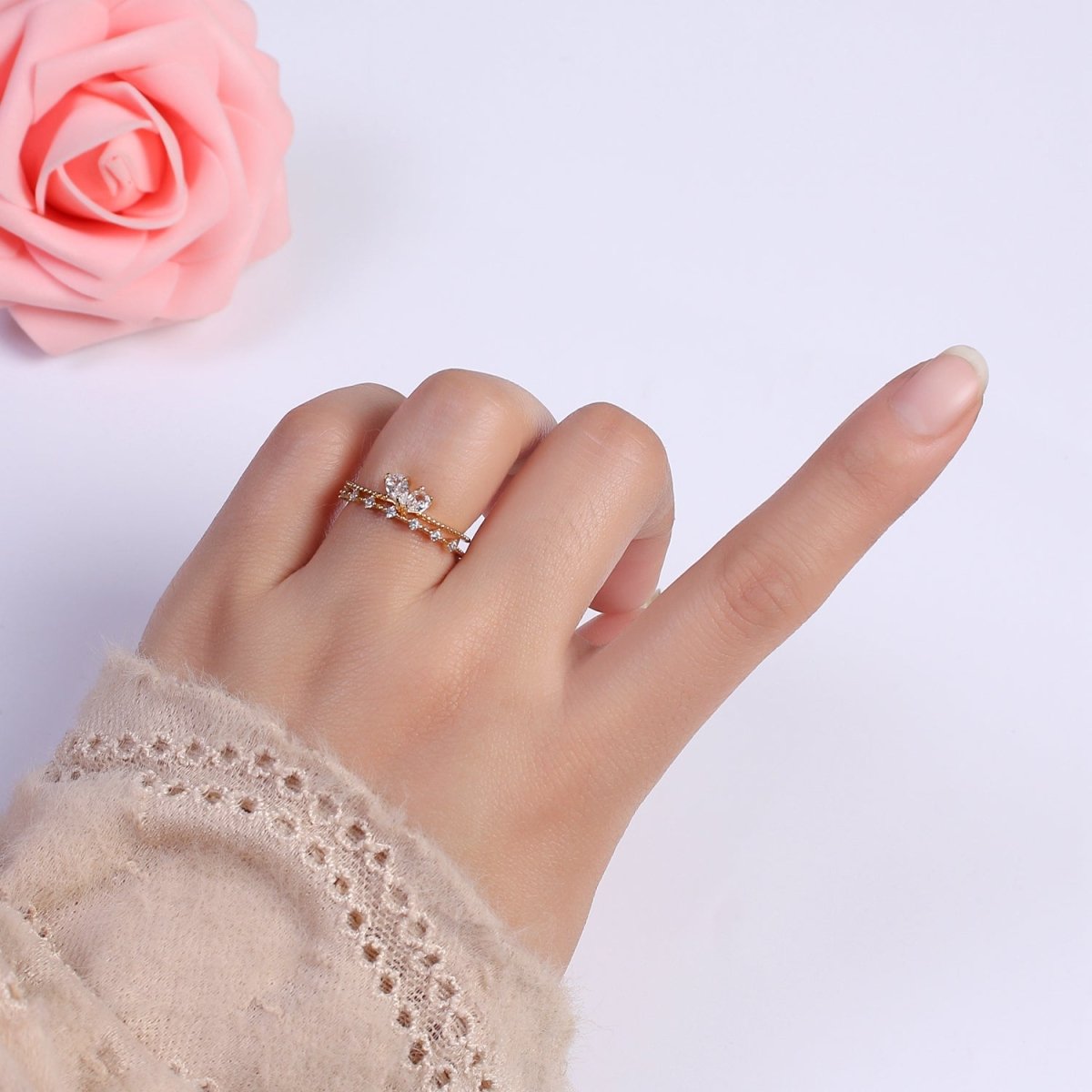 Dainty Gold Double Band CZ Ring Open Adjustable Stackable Ring for Minimalist Jewelry S-374 - DLUXCA