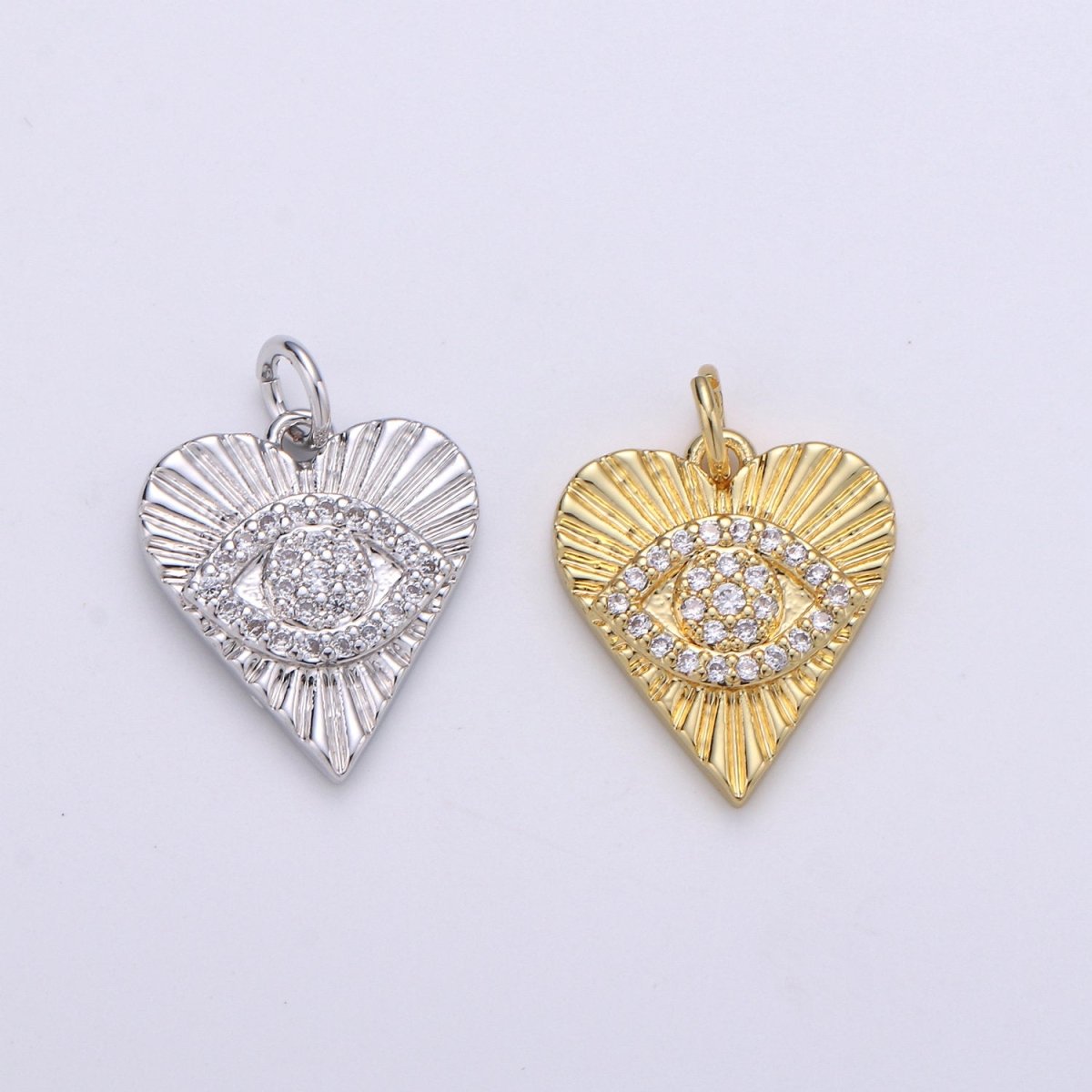Dainty Gold Eye Charm 14k Gold Filled Silver Evil Eye Charm, Cubic Zirconia Love Charm, Medallion Heart Jewelry, Micro Pave Sun Burst Charm D-674 D-675