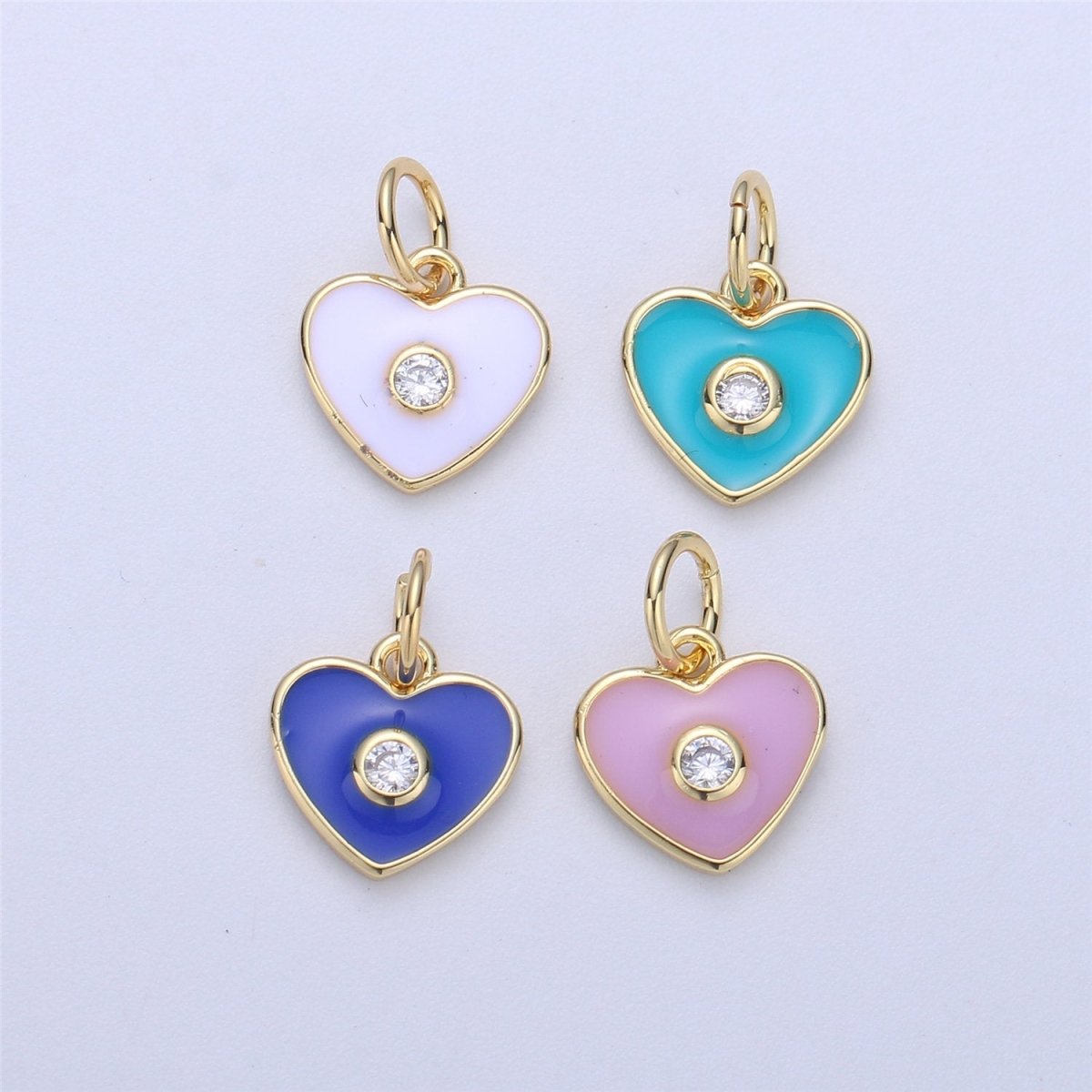Dainty Gold Fill Purple Blue Teal White Enamel Heart Charm CZ Micro Pave Heart pendant for Necklace Bracelet Earring Charm Jewelry Supply C-613