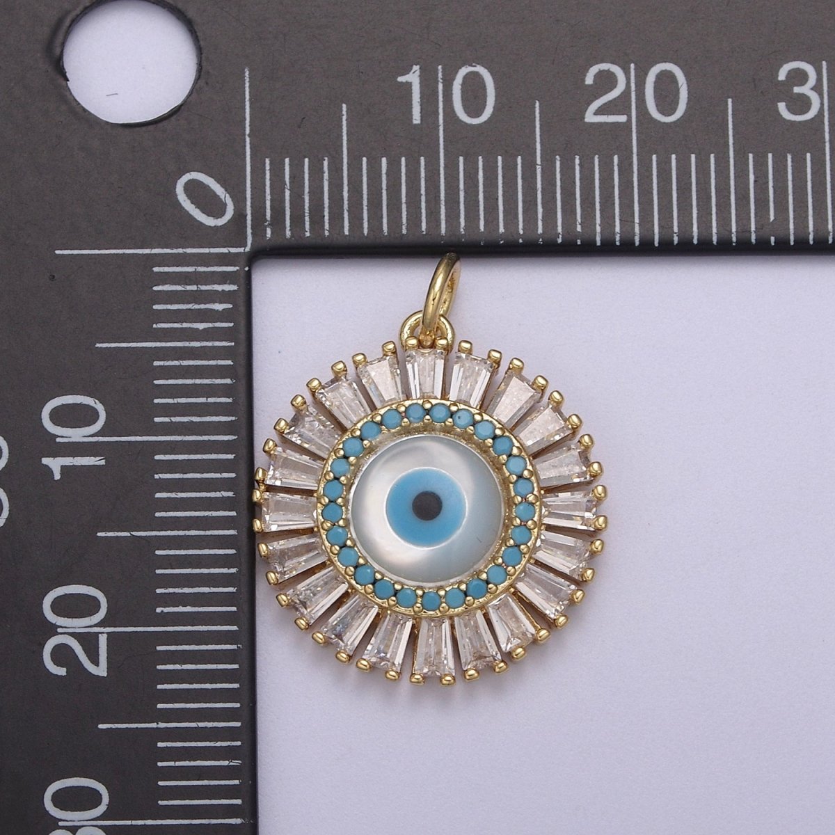 Dainty Gold Filled Baguette CZ Evil Eye Charm Necklace | CZ Round Pendant Amulet Protection Jewelry N-827 - DLUXCA