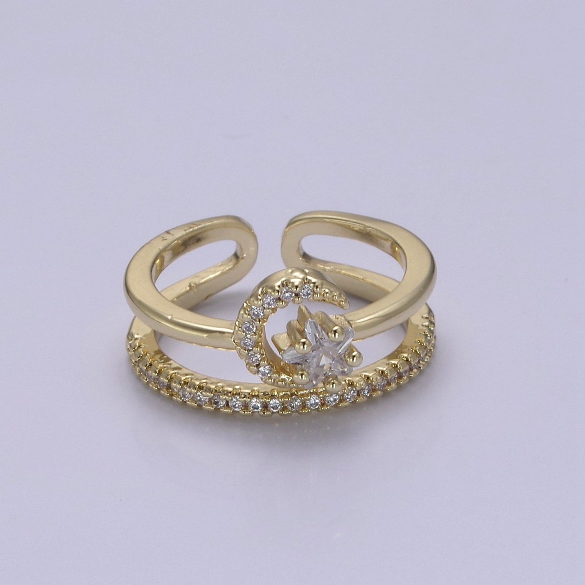 Dainty Gold Filled Crescent Moon With CZ Star Ring Celestial Jewelry S-437 S-438