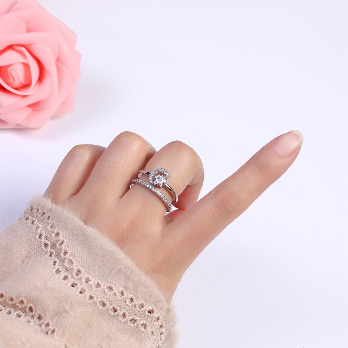 Dainty Gold Filled Crescent Moon With CZ Star Ring Celestial Jewelry S-437 S-438