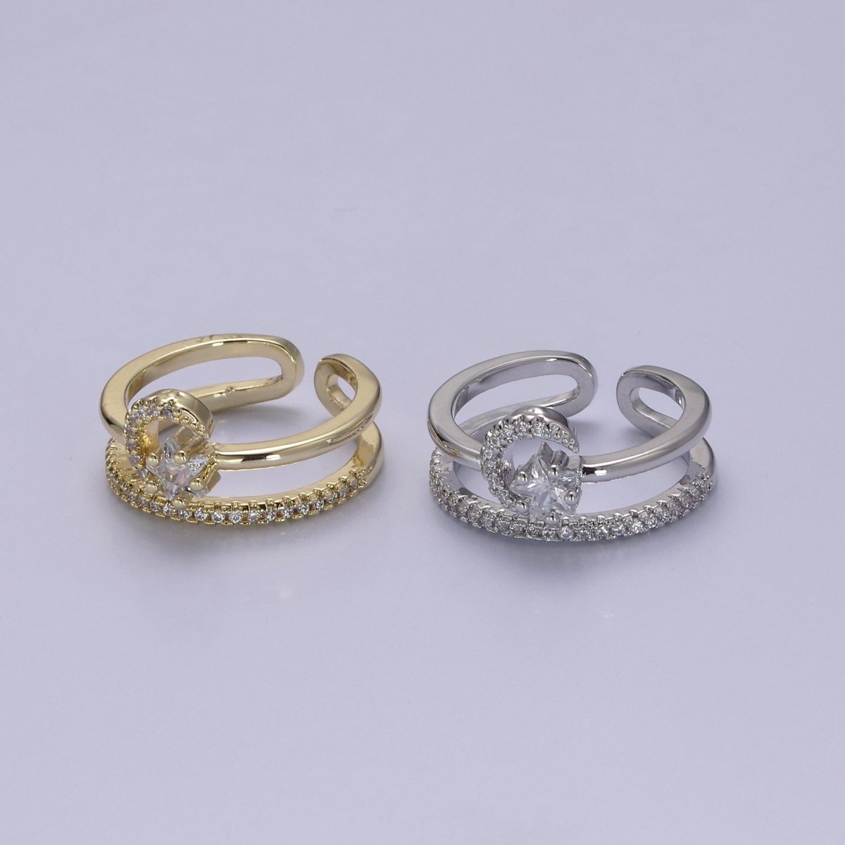 Dainty Gold Filled Crescent Moon With CZ Star Ring Celestial Jewelry S-437 S-438