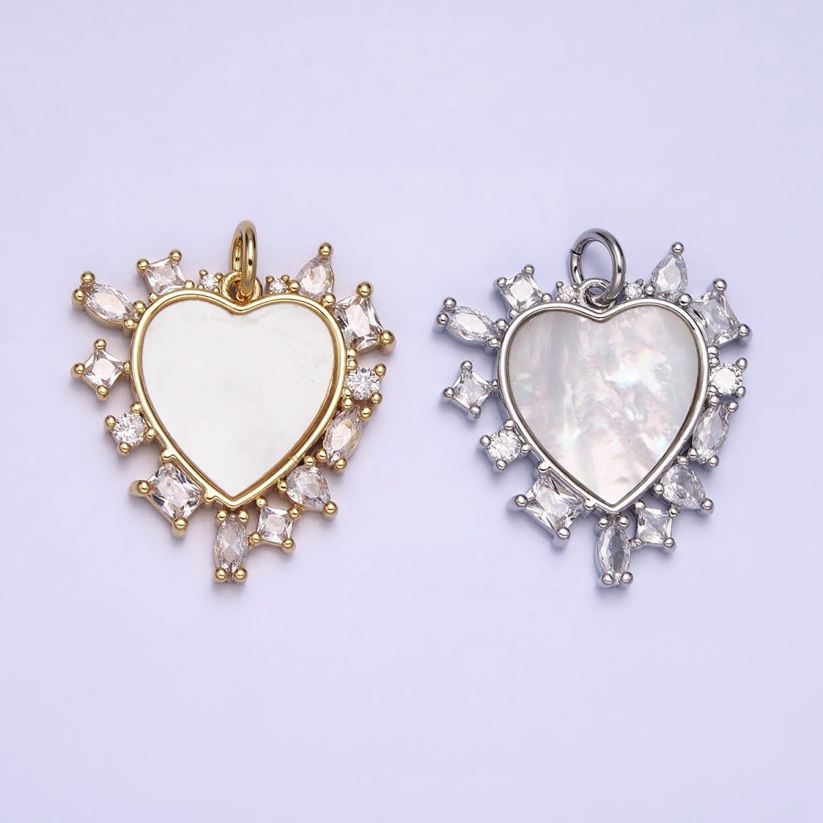 Dainty Gold Filled Heart Shell Pearl Charm with Geometric Zirconia Stone for Minimalist Jewelry Charm in Gold & Silver AC454 AC455