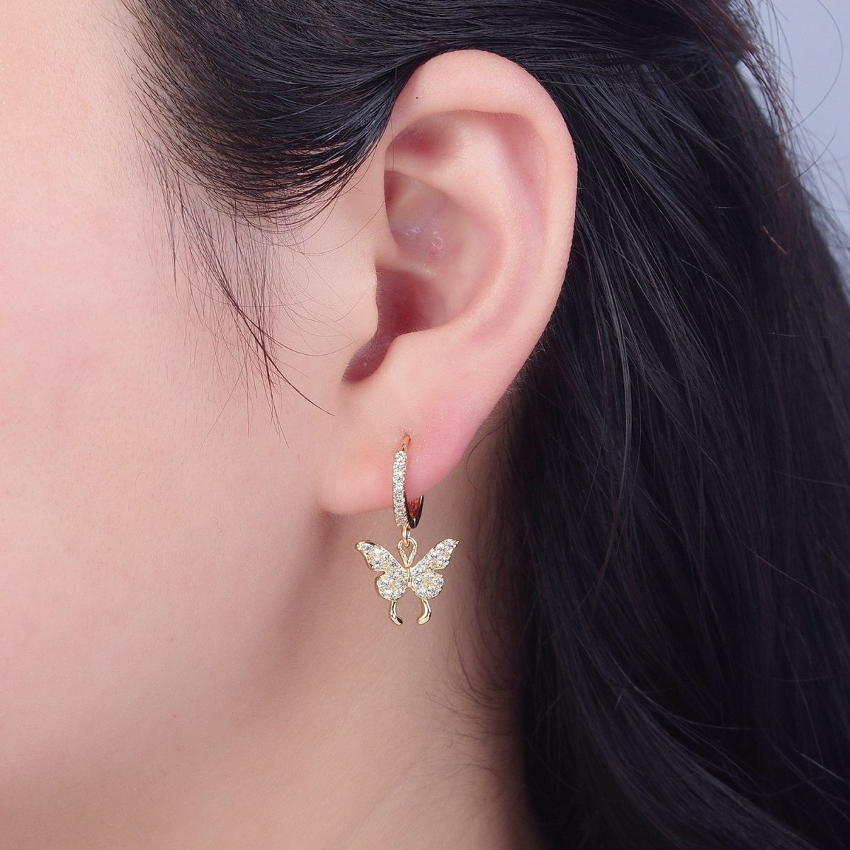 Dainty Gold Filled Huggie Earring with Butterfly Charm V-440 - DLUXCA