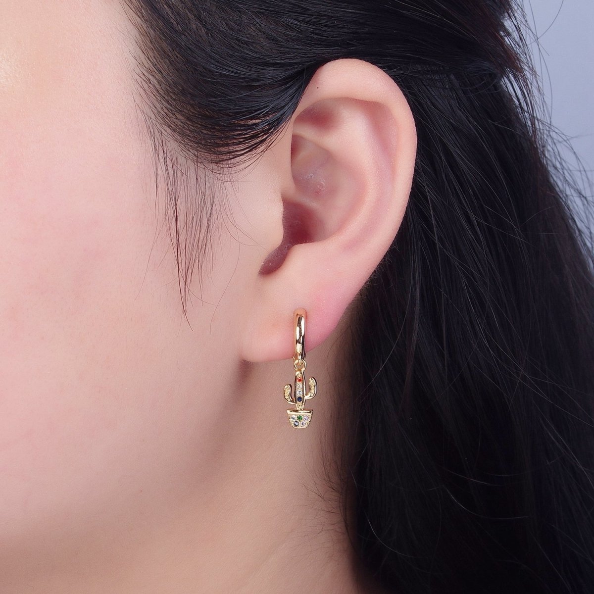 Dainty Gold Filled Huggie Earring with Cactus Charm V-438 - DLUXCA