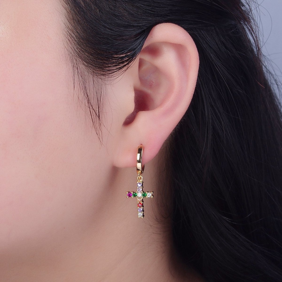 Dainty Gold Filled Huggie Earring with Cross Charm V-435