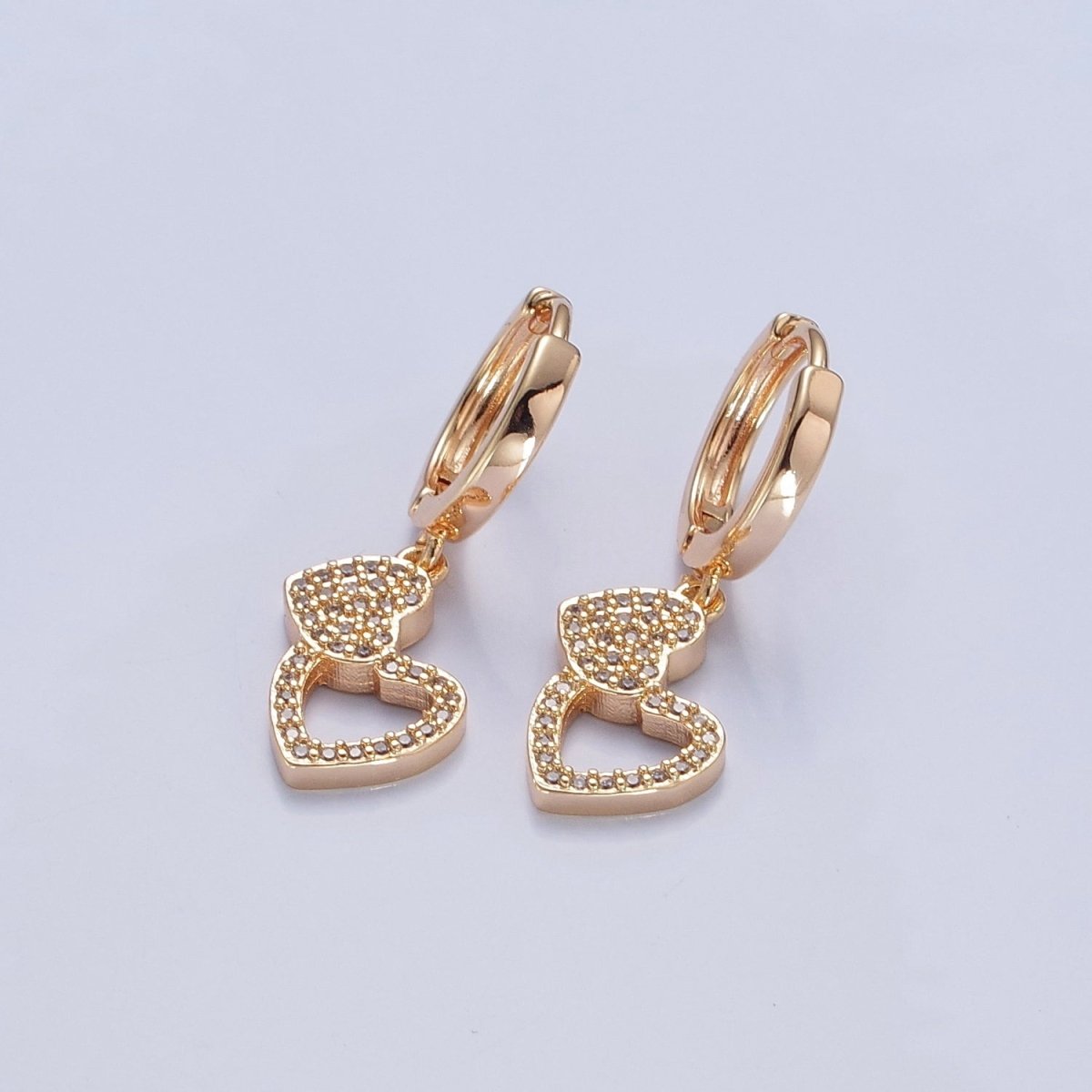 Dainty Gold Filled Huggie Earring with Two Heart Charm V-439 - DLUXCA