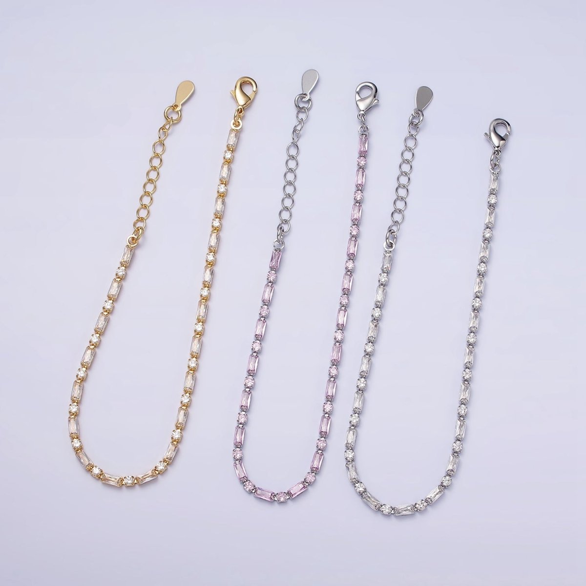 Dainty Gold Filled Tennis Bracelet Emerald Green Mix Baguette Round Clear Pink Green Cubic Zirconia Link Tennis Bracelet Minimalist Jewelry | WA-1824 - WA-1829 Clearance Pricing
