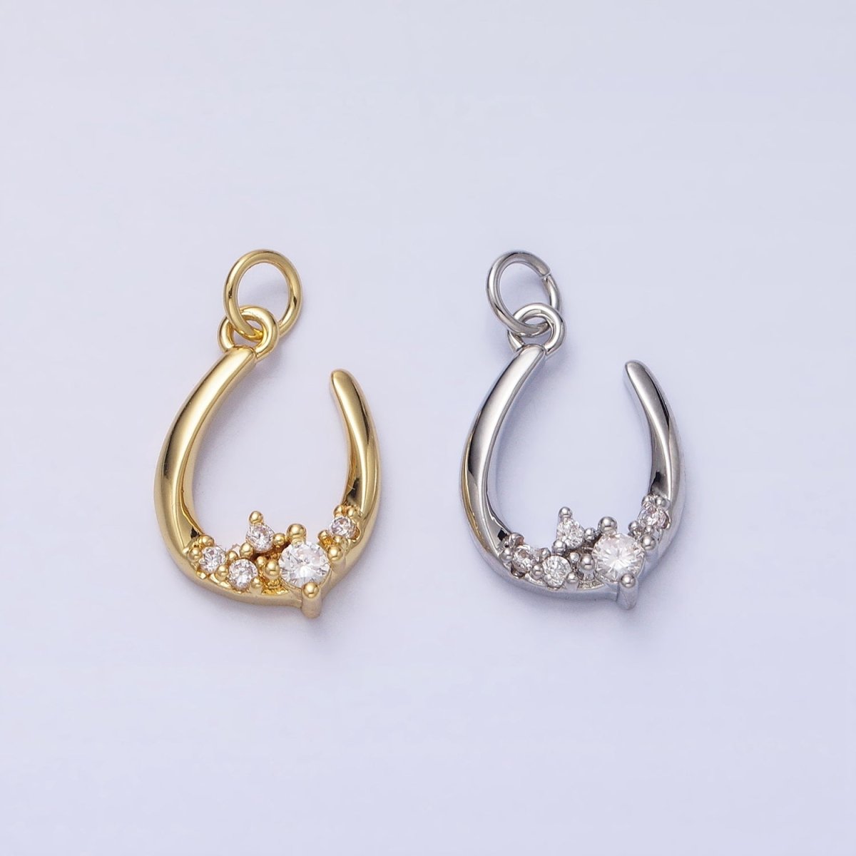 Dainty Gold Fish Hook Charm Silver U Charm with CZ Stone AC416 AC417